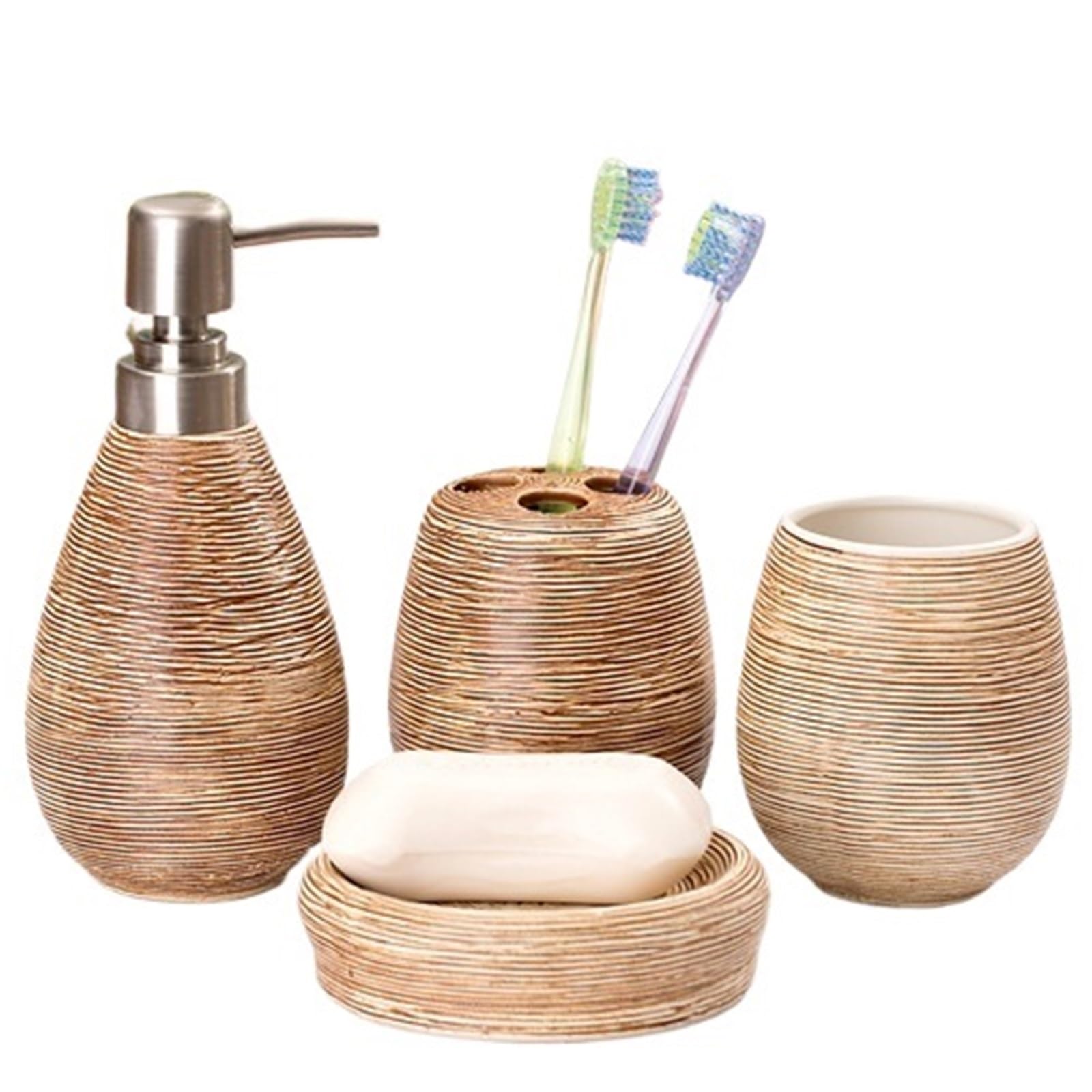 Bathroom Ceramic Set Shampoo Dispenser Bottle Soap Dish Toothbrush Holders Rinse Cup Accessories(Brown 4pcs)