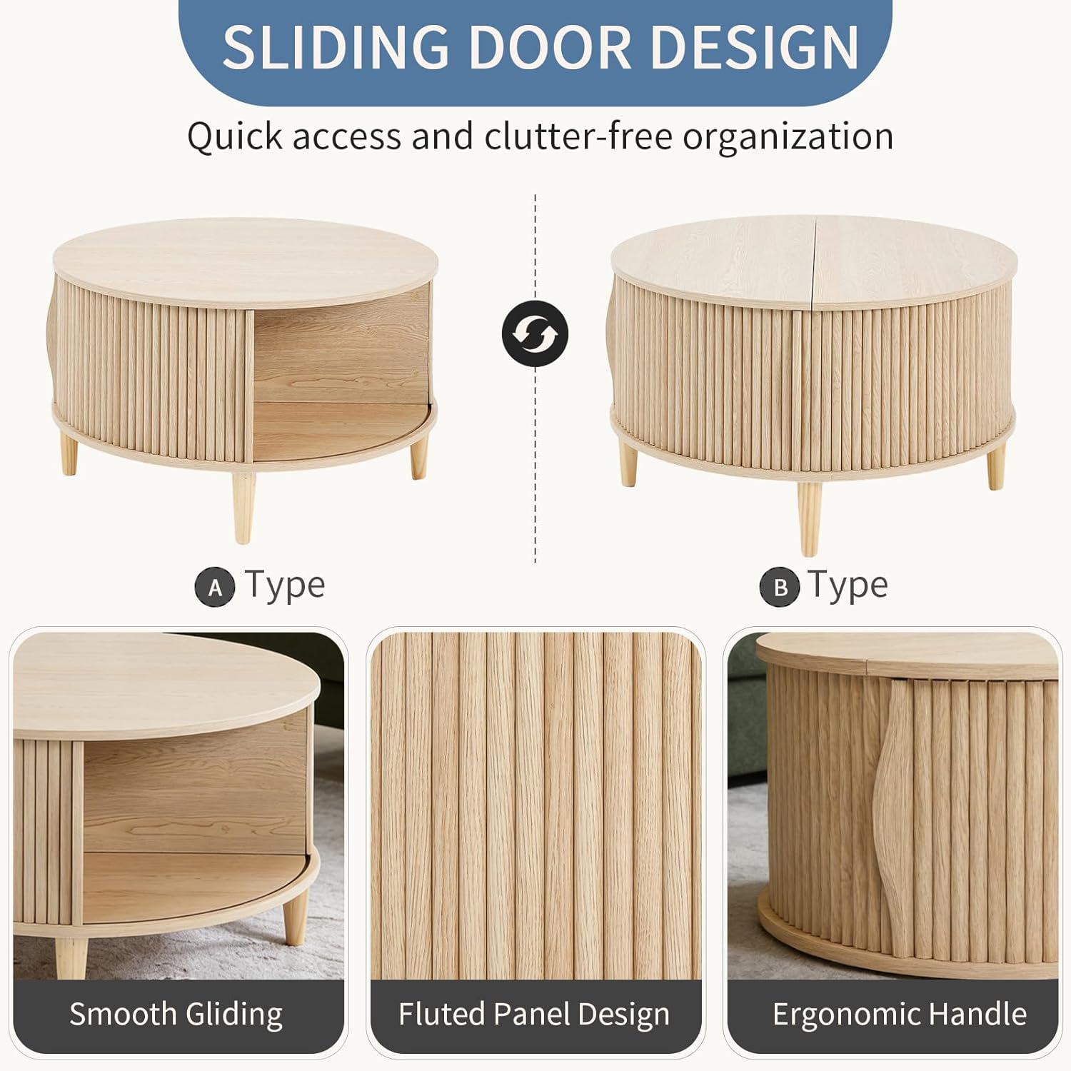 Coffee Table, Round Lift Coffee Tables with Storage, Fluted Center Table for Living Room, 31.69" Mid Century Modern Table with Sliding Cabinet Door, 2-Tier Rustic Wood Desktop, Natural Wood
