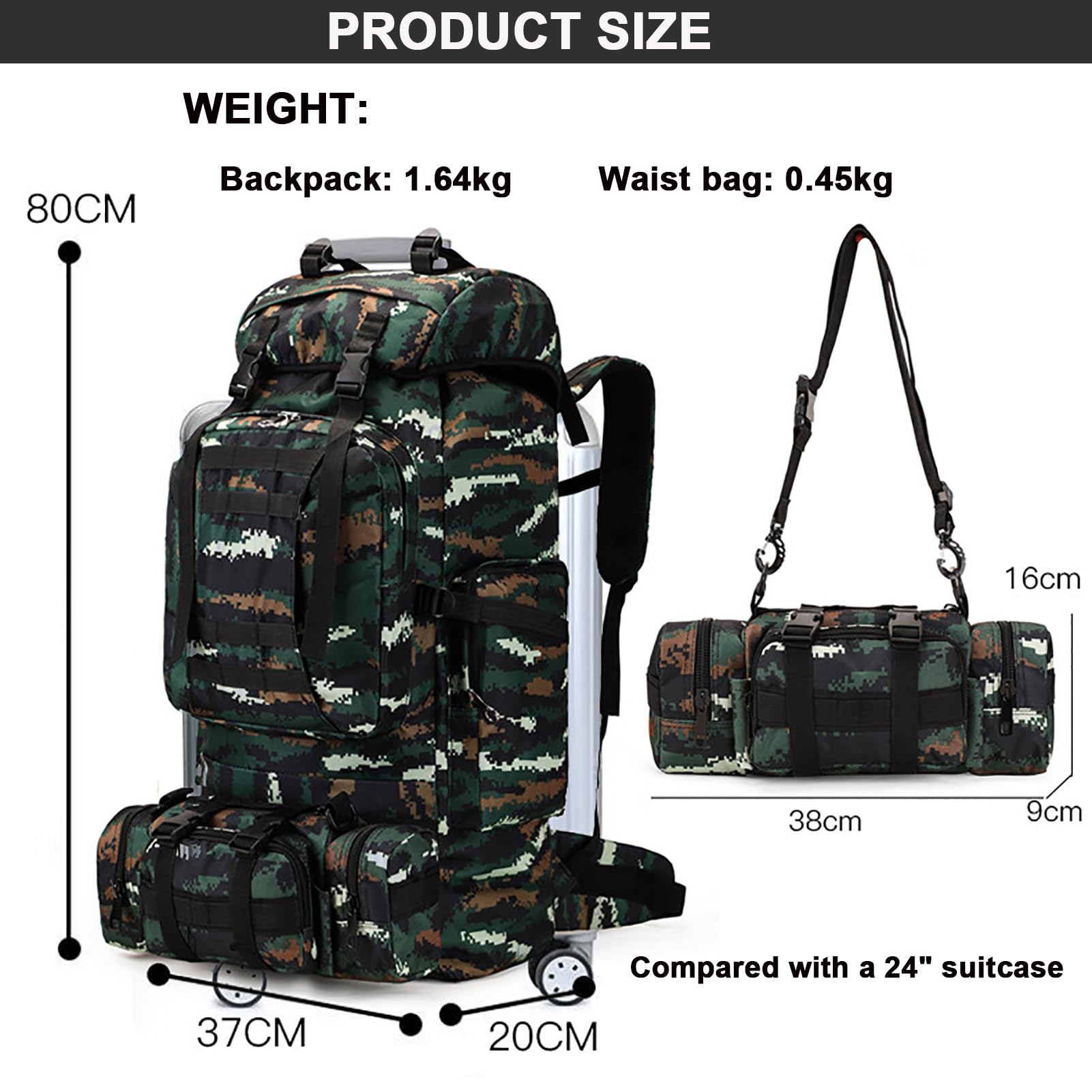 Wanderrucksack 80L - 100L Wandern Rucksack Herren Damen Wasserdichter Trekkingrucksack großer Reiserucksack Abnehmbare Outdoor Molle Taktischer Rucksack Für Bergsteigen Camping Reisen,Schwarz