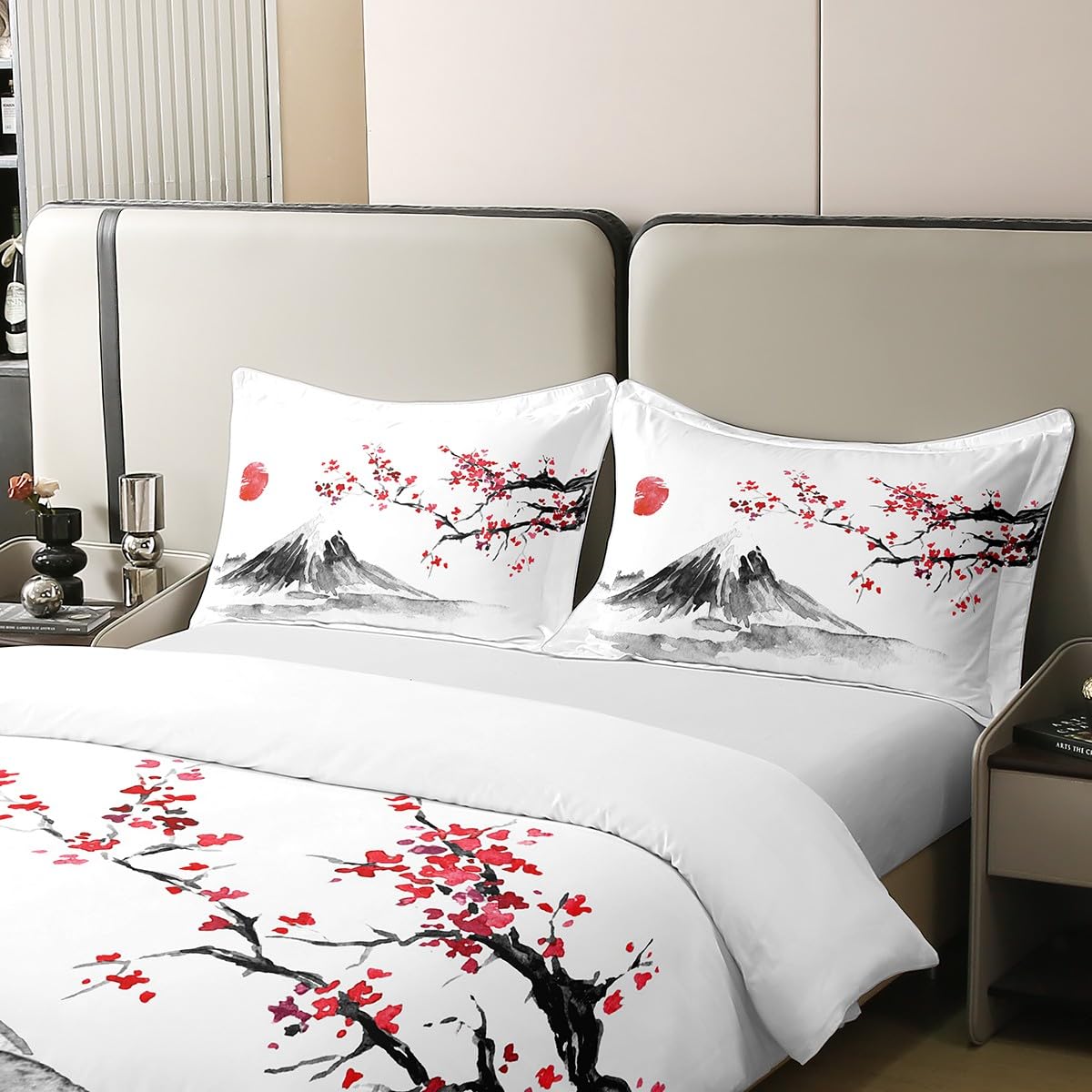 Loussiesd Japanese Style Cotton Duvet Cover Set King Set Exotic Fuji Mountain Printed Bedding Set Girls Women Men Cherry Blossom Comforter Cover Soft Cotton Soft Red Floral Bedspread Cover with Ties - Image 4