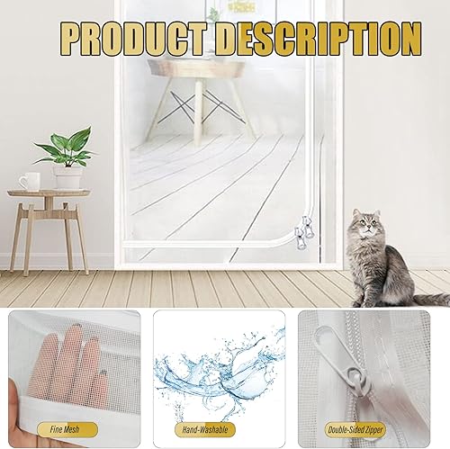 Miniatura 3 de BOUTICOL Pantalla de malla resistente a los gatos, pantalla de puerta de 38 x 83 pulgadas con cremallera para evitar que los gatos se salgan,