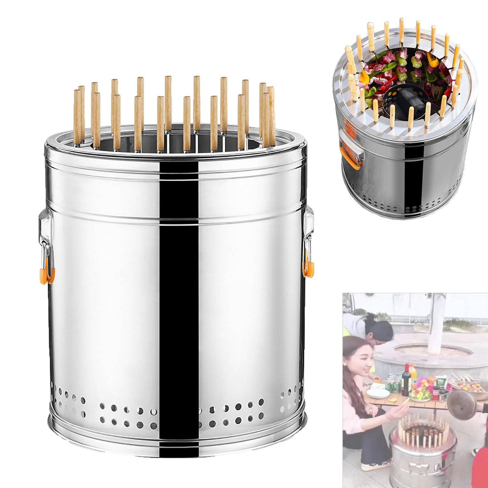Barbecue portatile a carbonella in acciaio inox, compatto, rotondo, con manico resistente al calore, piccolo affumicatore per grigliare carne, verdure, campeggio, picnic all'aperto
