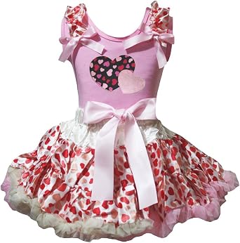 Petitebella Twins Hearts Pink Shirt Beige Hearts Skirt Valentine Day Outfit 1-8y