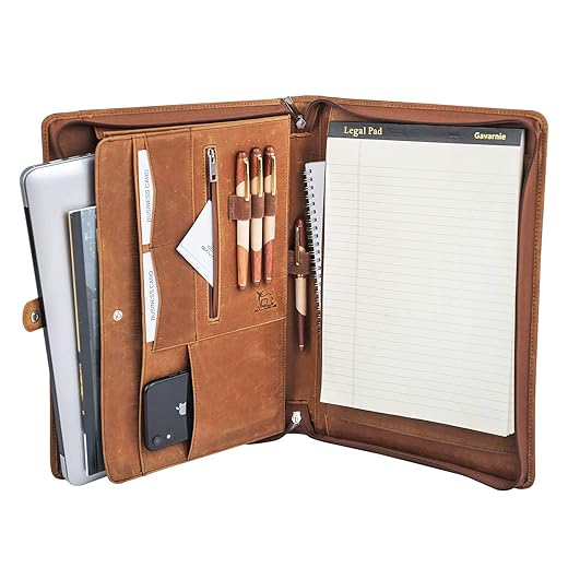 Genuine Leather Business Portfolio Padfolio Folder with Zipper for Men, Men's Leather Padfolio Folder for 13" Laptop, Business Portfolio for Letter Size Notepad, Graduation Gift,Brown