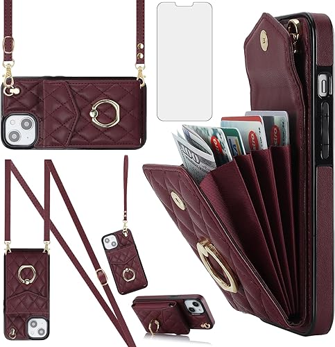 Asuwish Funda tipo cartera compatible con iPhone 15 de 6.1 pulgadas, protector de pantalla de vidrio templado, correa de muñeca, anillo de bloqueo