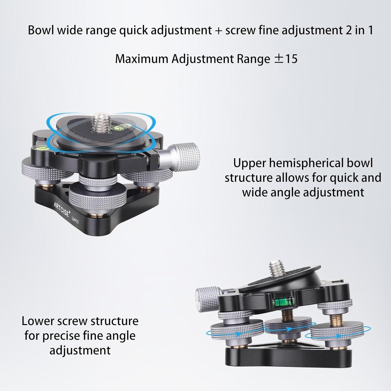 Diameter∅85mm Three-Legged Leveling Base Camera Leveling Machine,Aluminum Adjustable Tripod Head Plate -15°/+15° Tilt, with 3 Bubble Levels and 3 Wheels +/-5 Degree Precision Adjustment Panoramic
