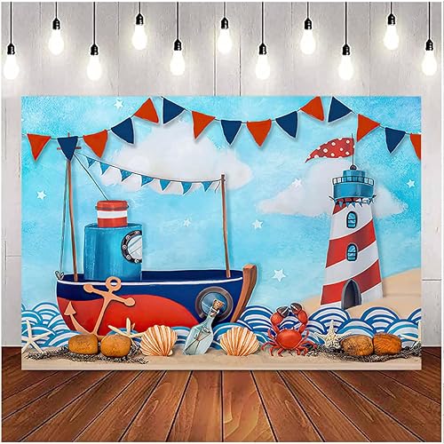 Miniatura 4 de Telón de fondo náutico de madera azul para fotografía de vacaciones náuticas de verano, conchas marinas, velero, rueda, timón, faro, estrella de
