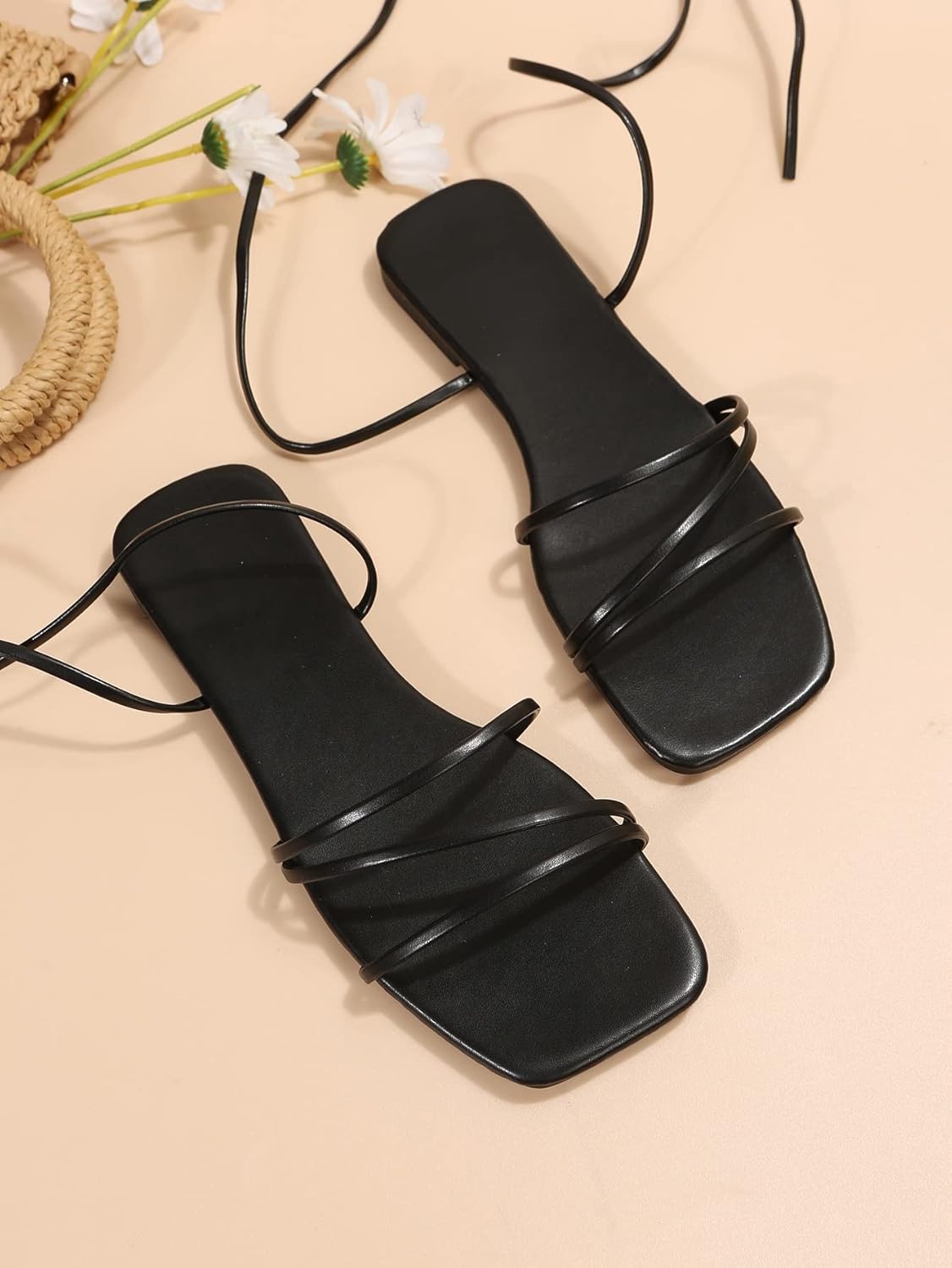 GORGLITTER Women's Lace Up Flat Sandals Dressy Strappy Square Toe Gladiator Sandals Summer Beach Slides - Image 4