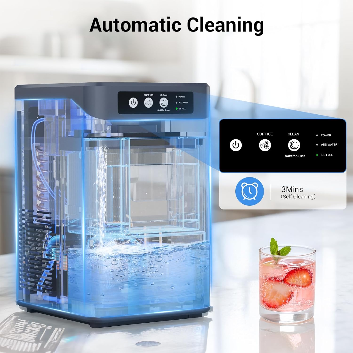 Nugget Ice Maker Countertop 44 Lbs/24h, Chewable Nugget Ice Machine with Side Water Tank, Ready in 5-10 Mins, Self-Cleaning Pellet Ice Machine,Stainless Steel,Scoop Included