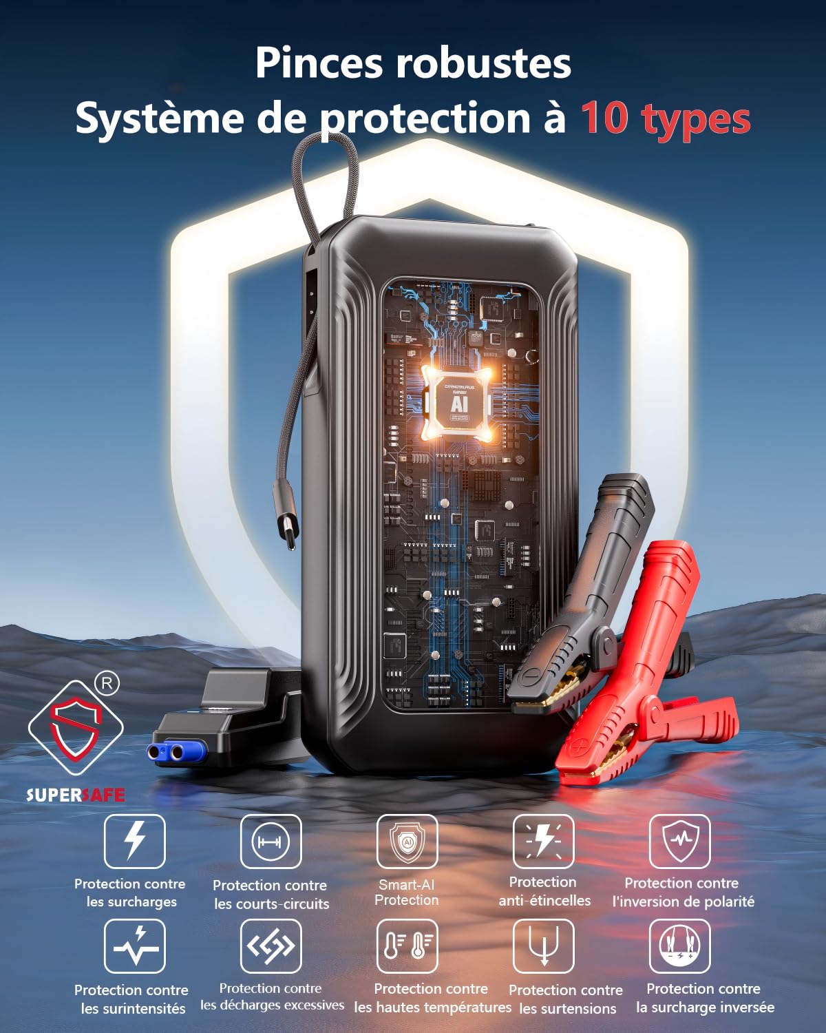 GOOLOO Démarreur Portable pour Voiture 3000A, Batterie de Secours avec Charge Rapide USB-C 45W, Lampe Torche LED, pour Moteurs Essence Jusqu‘à 8.5L / Diesel 6L (12V)