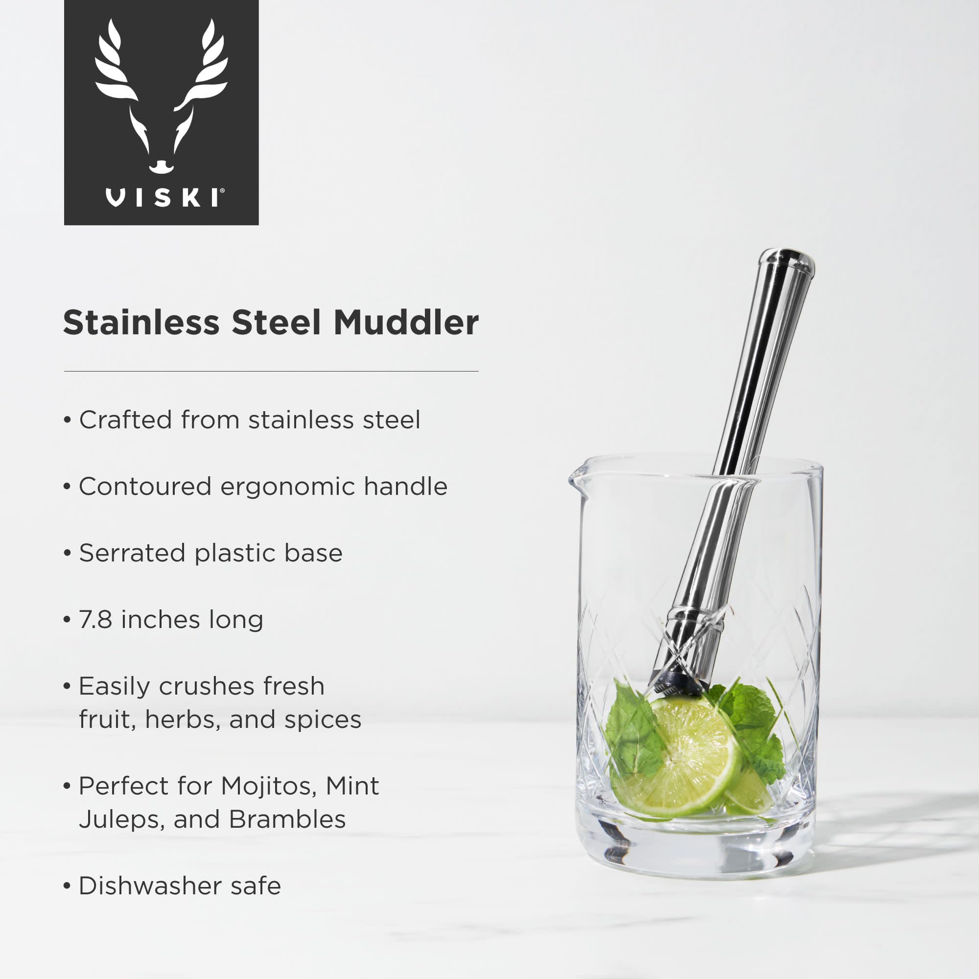 Viski Stainless Steel Muddler, Essential Bar Tools & Accessories, Craft Cocktail Accessories, 7.8?
