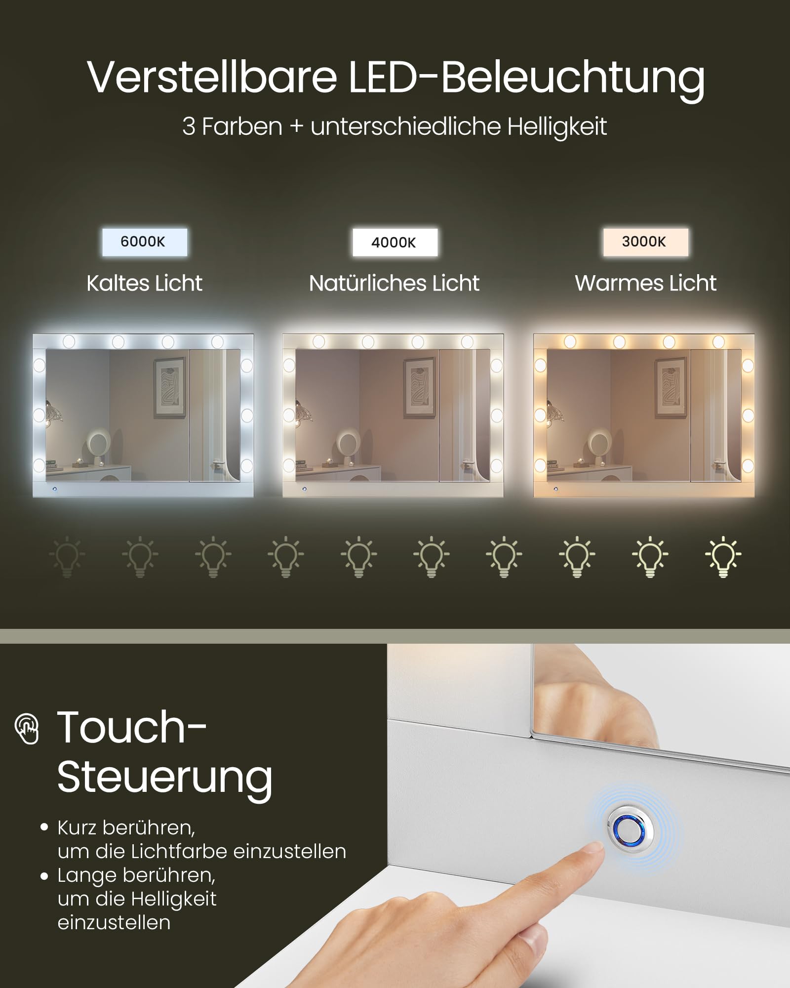 VASAGLE Kailyn Kollektion - Schminktisch mit LED-Beleuchtung, Frisiertisch mit Spiegel, Steckdosenleiste, 40 x 125 x 140 cm, Kosmetiktisch mit Schubladen, wolkenweiß RDT127W01