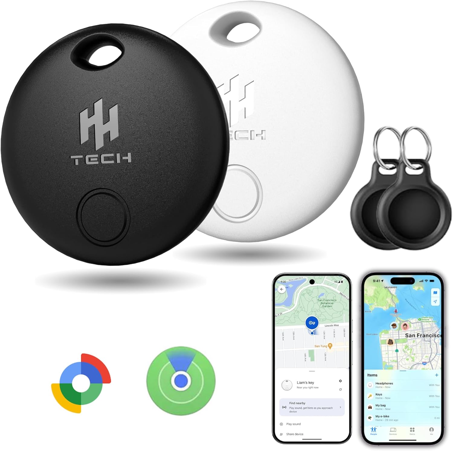 HH-Tech Dual-System Smart Tracker Tags Pack-2 (Compatible with iOS & Android), Works with Apple Find My & Google Find Hub, Bluetooth Item Finder for Keys, Wallet, Luggage, Bags, and More