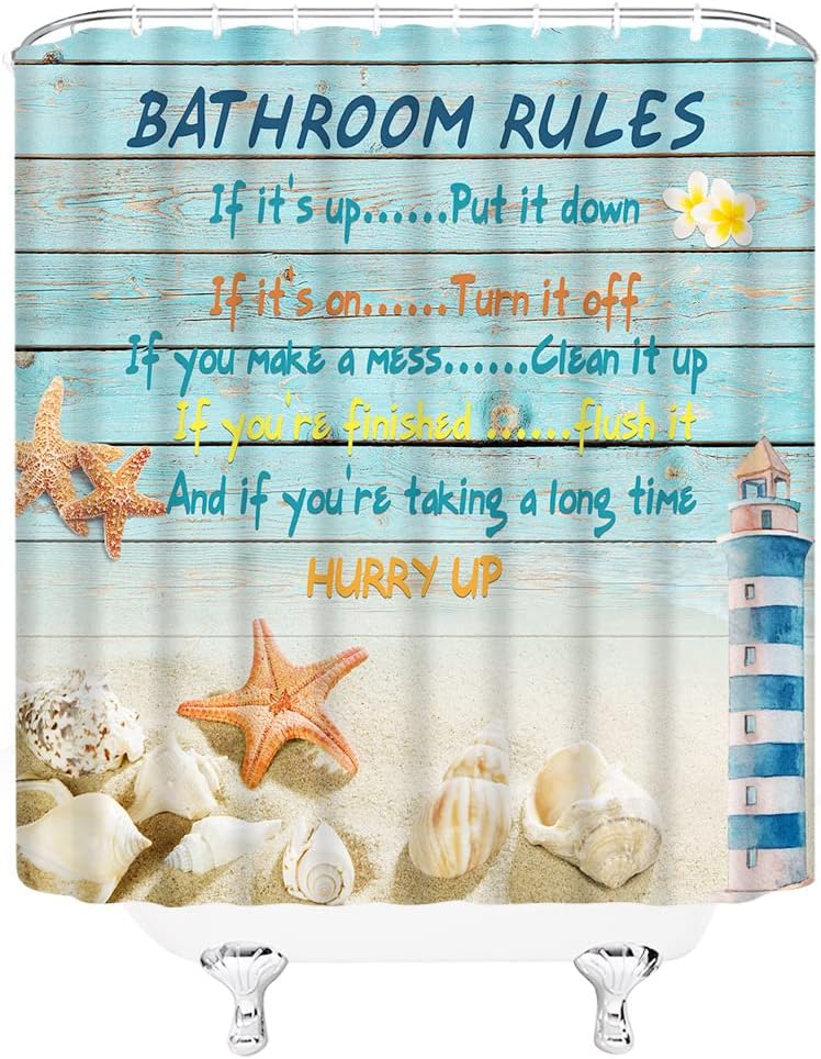Beach Shower Curtain Nautical Lighthouse Sand Starfish Shell Sea Life Rustic Barn Door Underwater Ocean World Polyester Fabric Bathroom Decor Hanging Curtains Set with Hooks 84Wx70H Inch