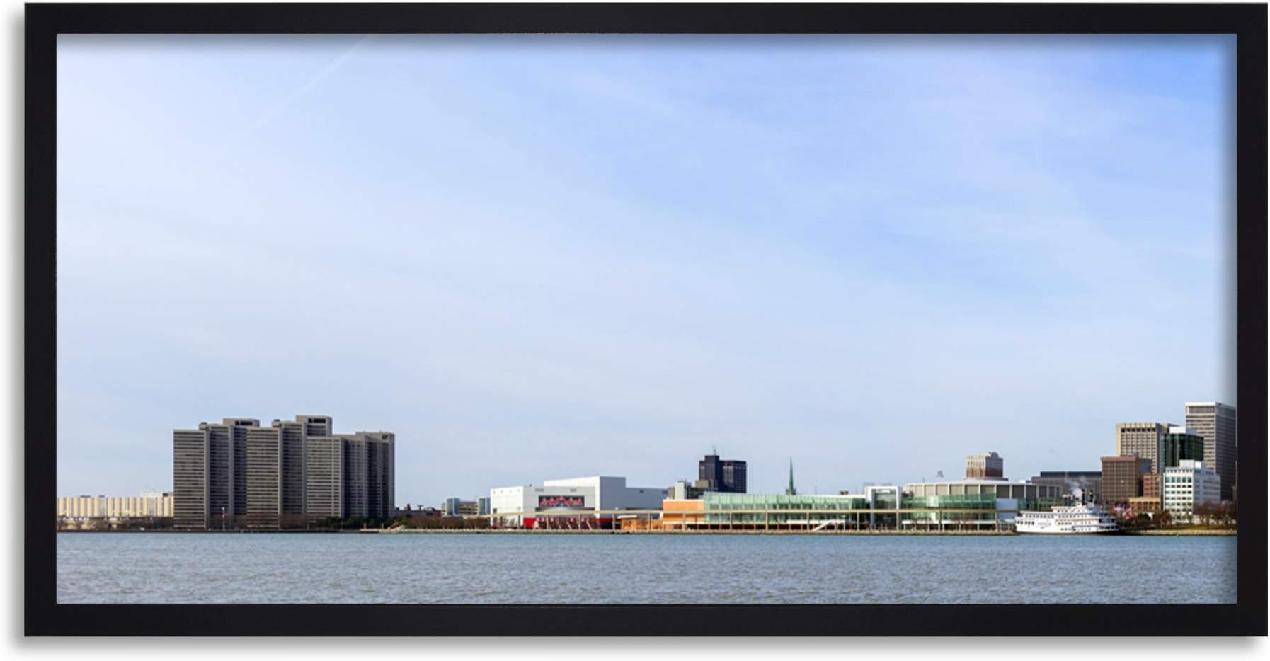 Crisco 1492 Skyline Detroit City Michigan Panorama Photo left Framed Wall Art Print Long 25X12 Inch