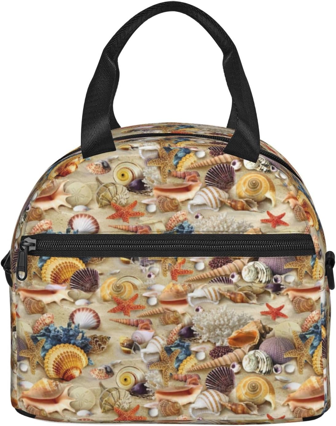 Starfish Seashell Sandy Beach Theme Print Reusable Lunch Bag Insulated Lunch Boxes for Office Work Picnic Tote Bag Adjustable