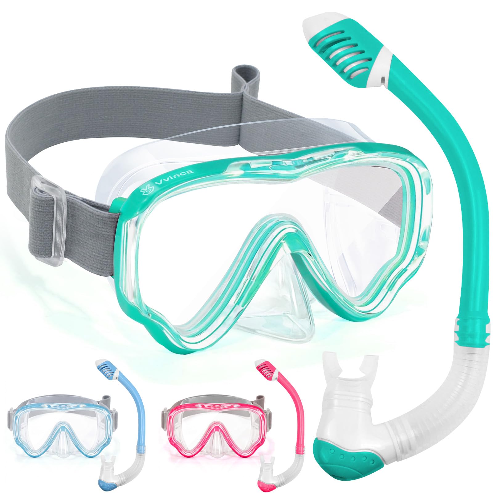 Photo 1 of Vvinca Snorkel Set for Kids 3-14, Dry Top Snorkeling Gear for Boys Girls Youth, Panoramic View Swim Goggles with Nose Cover & Anti-Fog Lens, Junior Scuba Diving Mask with Adjustable Soft Fabric Strap