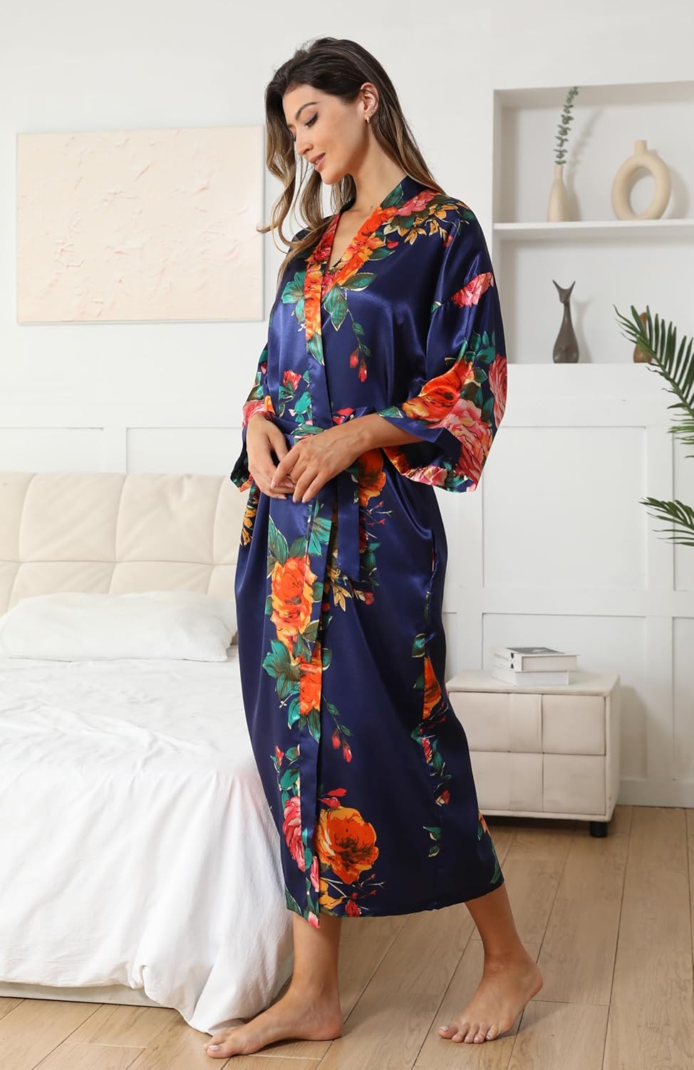 Women's Satin Kimono Robe Floral Long Silky Robes Bridal Kimonos Bridesmaid Party Dressing Gown - Image 5