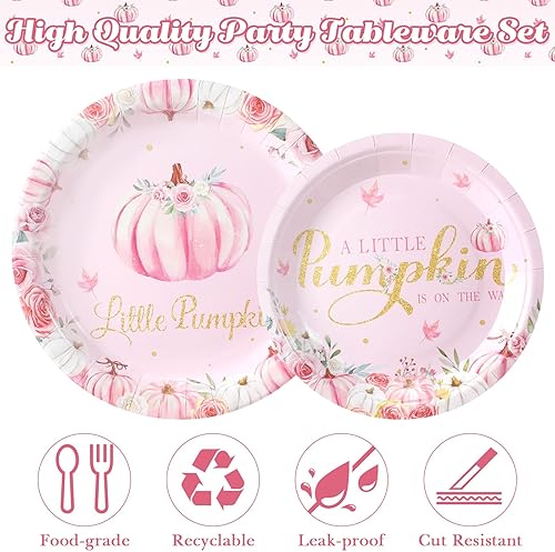 Miniatura 4 de Tioncy Juego de vajilla de 150 piezas con diseño de calabaza pequeña, platos y servilletas para baby shower, color rosa, A Little Pumpkin is on The