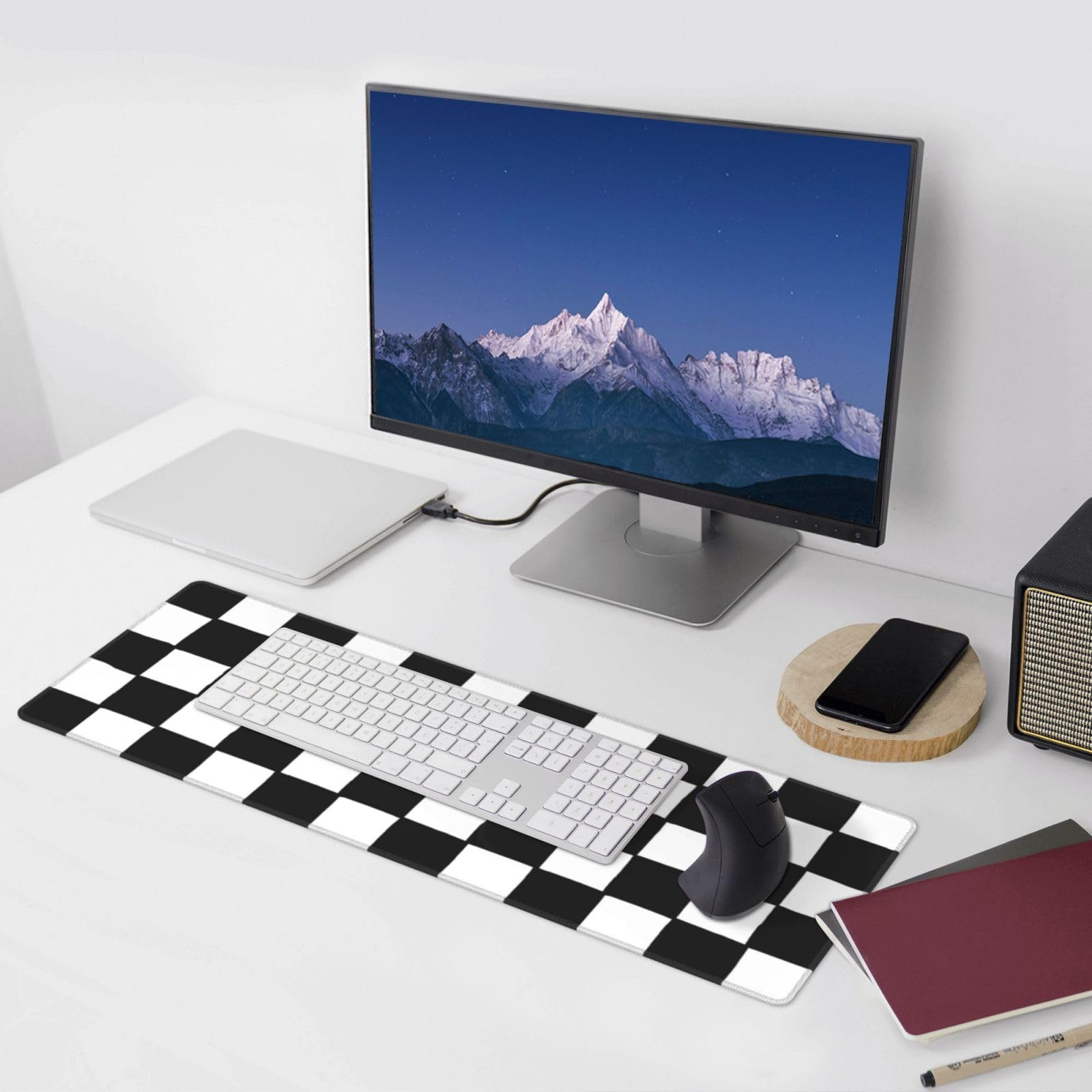 Alfombrilla de ratón a cuadros para juegos en blanco y negro para el hogar y la oficina, alfombrilla de mouse grande extendida para teclado con borde cosido, accesorios de decoración