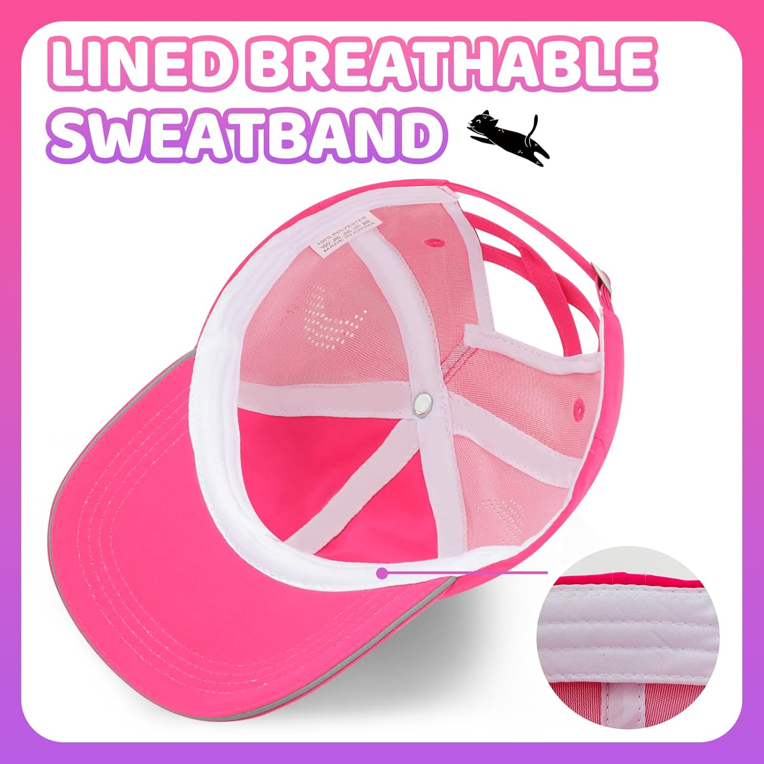 Girls Criss Cross Ponytail Hat - Black Cat Baseball Cap for Kids Age 7-15 - Adjustable Quick Dry Sun Hat for Cat Lover Gifts - Image 4