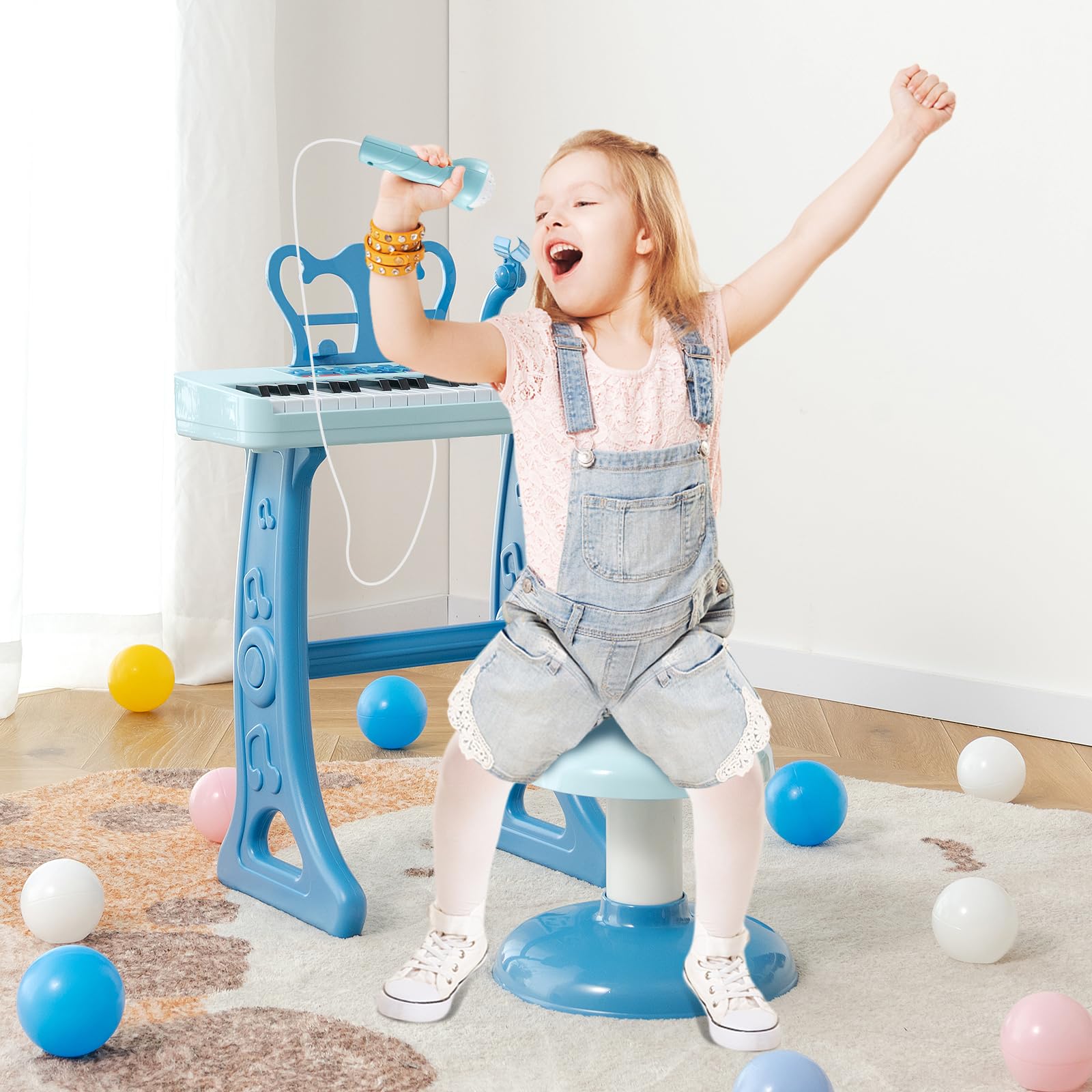 COSTWAY Set Pianoforte Digitale 37 Tasti per Bambini, Tastiera Elettronica con Microfono Regolabile, Leggio Rimovibile,Strumento Musicale Elettronico per Bambini di 3+ Anni (Blu)