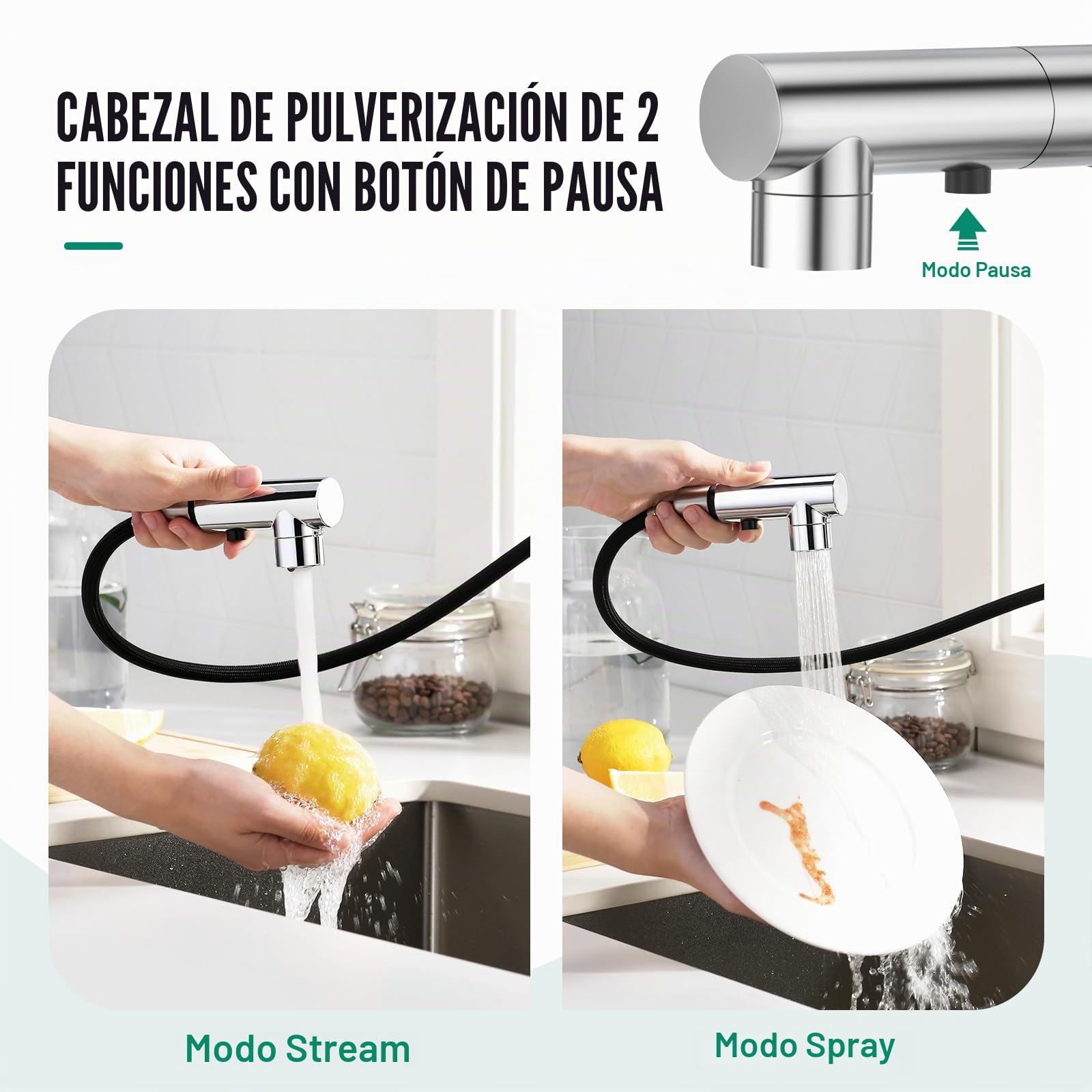CREA Grifo de Cocina con Ducha Extraíble, Grifo para Fregadero con 3 Modos de Rociado, Canilla de Cocina Monomando 360°, Grifo para Cocina Pequeña o Baño, Cromado