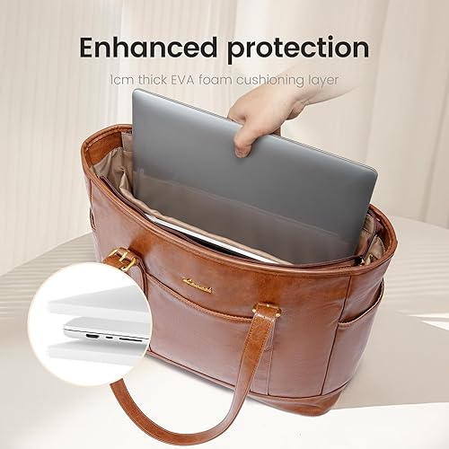 Miniatura 8 de LOVEVOOK Bolsa de mano para laptop para mujer, bolsa de trabajo de cuero vintage para mujer, bolsa de mano de computadora de 15.6 pulgadas, bolsa