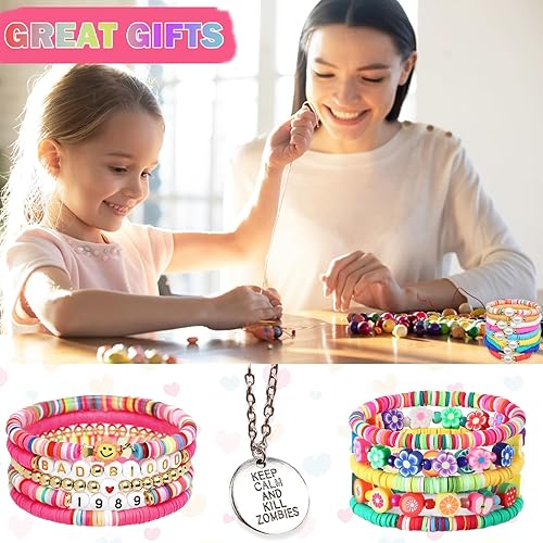 Miniatura 6 de Kit de fabricación de pulseras de arcilla plana, kit de fabricación de joyas para principiantes, cuentas Heishi de polímero plano de 0.236 pulgadas,