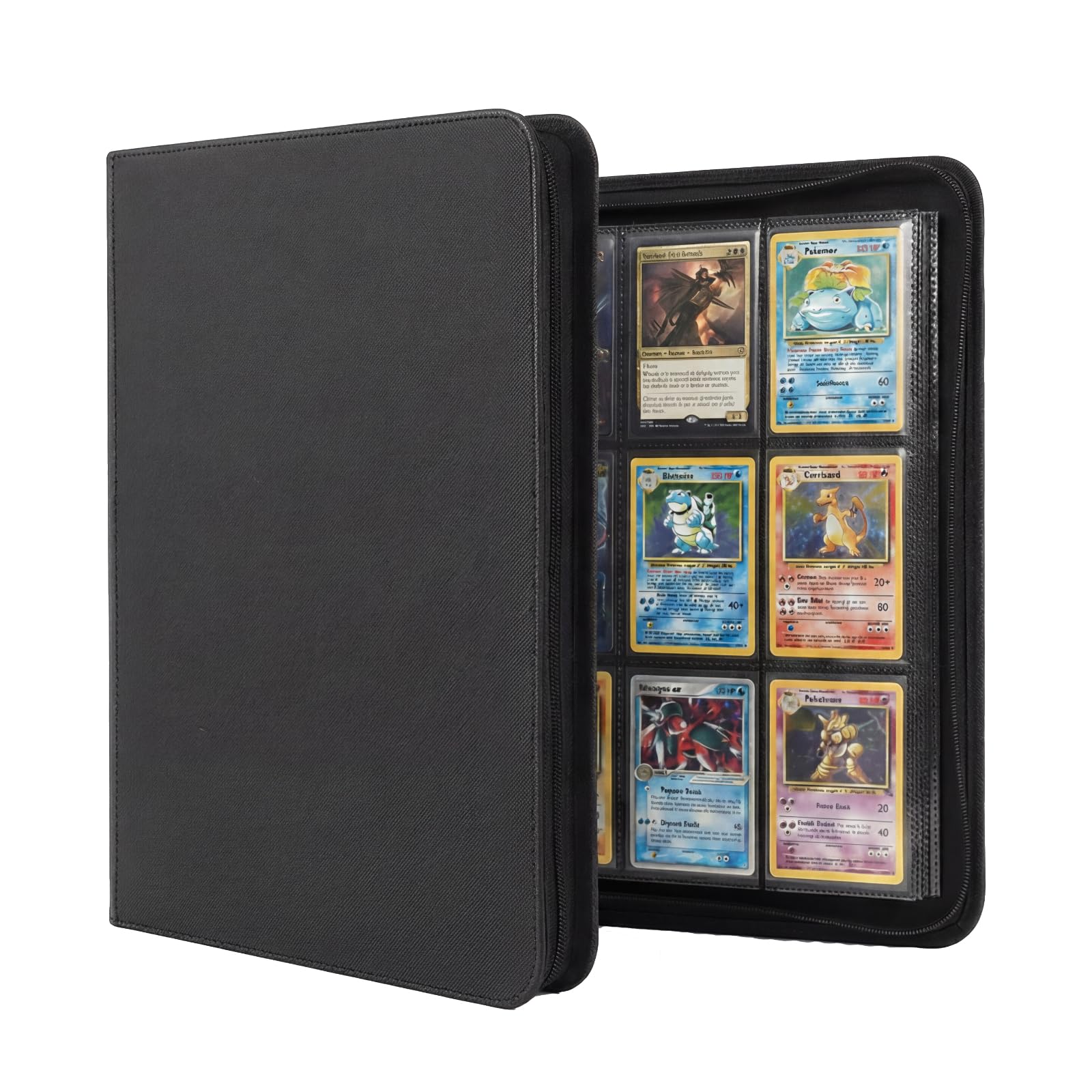 9 pocket Premium Binder, card binder with zipper holds 360 cards, Cards Collectible Album Trading, for Pokemon, TCG, Sports Cards YuGiOh etc (Black PU).