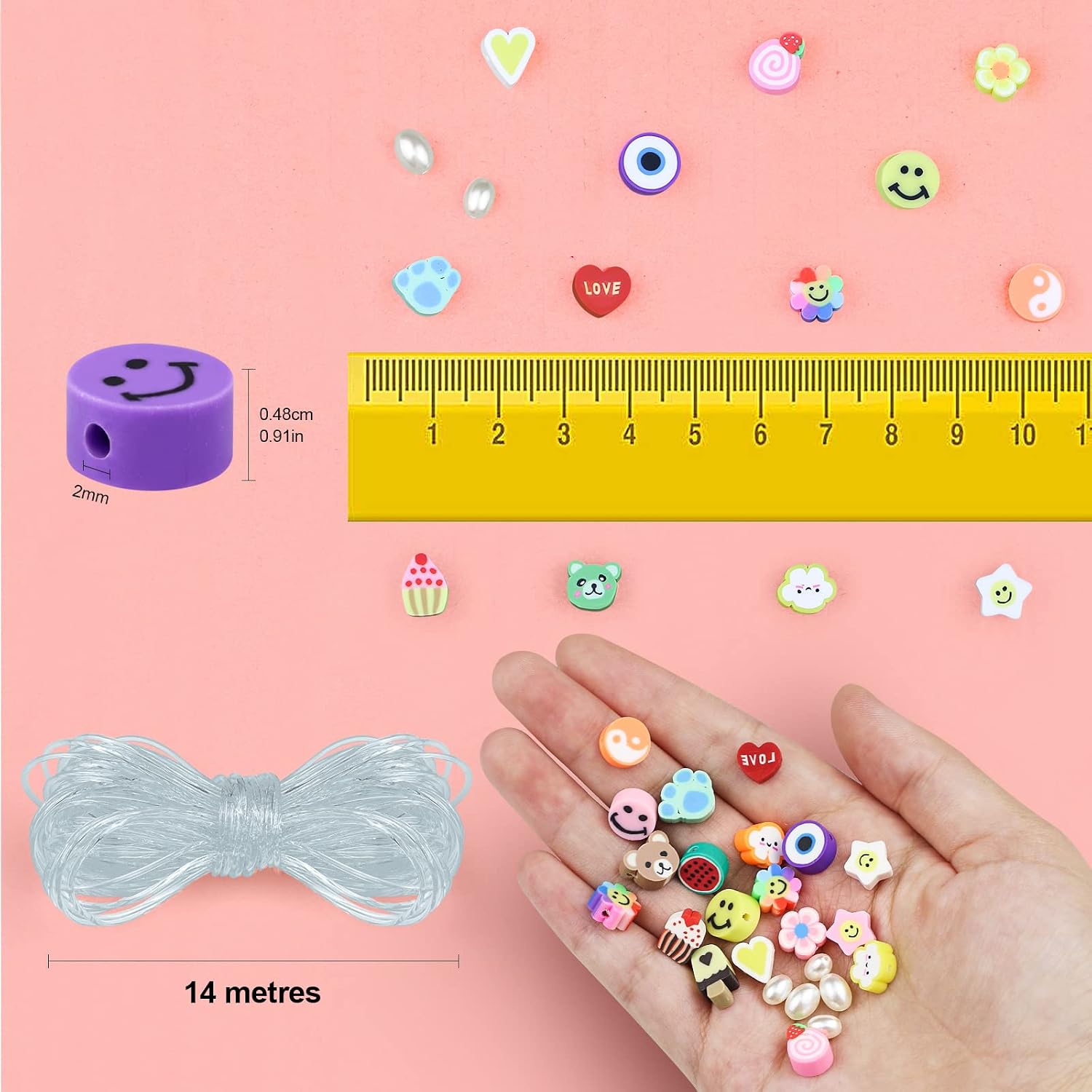 446Pcs Polymer Clay Beads Fruit Flower Smiley Face Beads Clay Beads Pearls Bracelet Making Kit with Crystal Elastic String for Jewelry Necklace Earring Making - Image 4