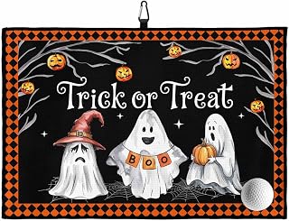 Golf Towel Waffle Pattern Towels,Happy Halloween Ghost Boo Pumpkin Witch Hat Microfiber Bag Towel with Carabiner Clip Orange Plaid Dead Trees Golf Accessories Club Cleaner for Men Women,16"x24"