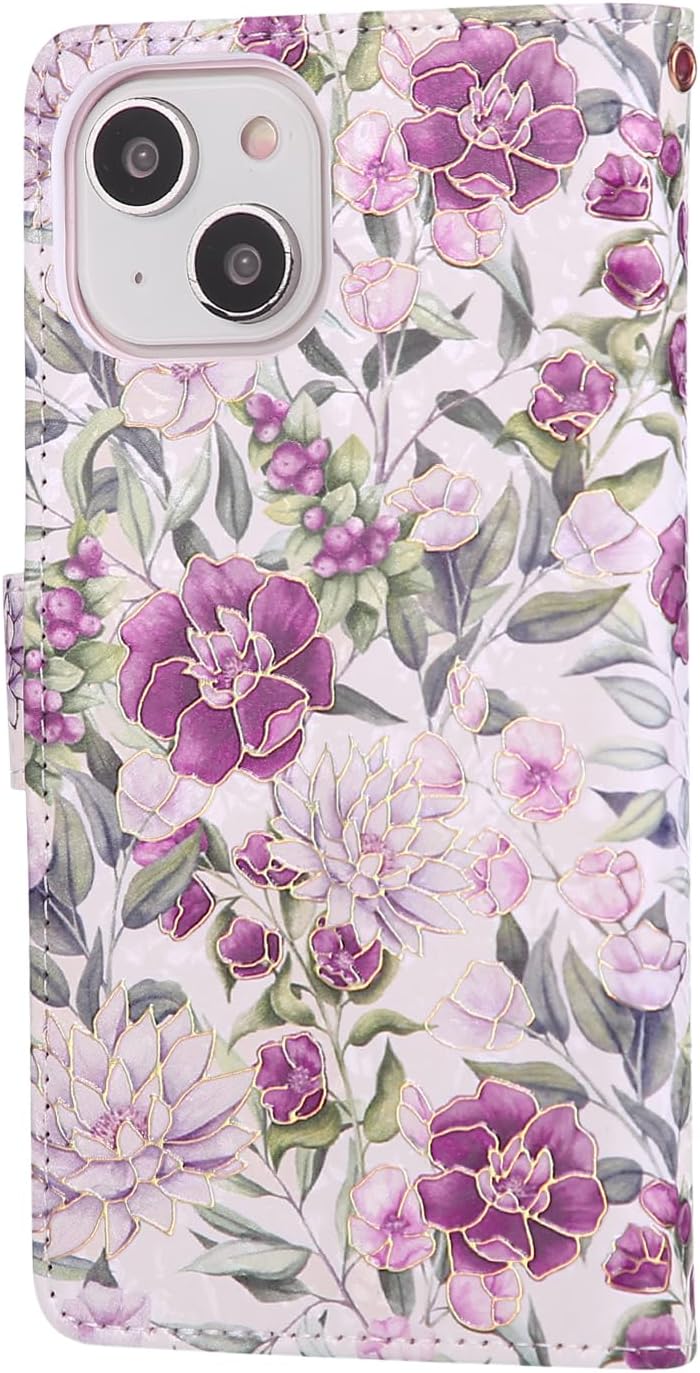 UEEBAI Wallet Case for iPhone 15, PU Leather Phone Case Kickstand RFID Blocking Flip Case Card Slots Wrist Strap Relief Engraved Pattern Magnetic Closure Flower Folio Case, Violet - Image 6