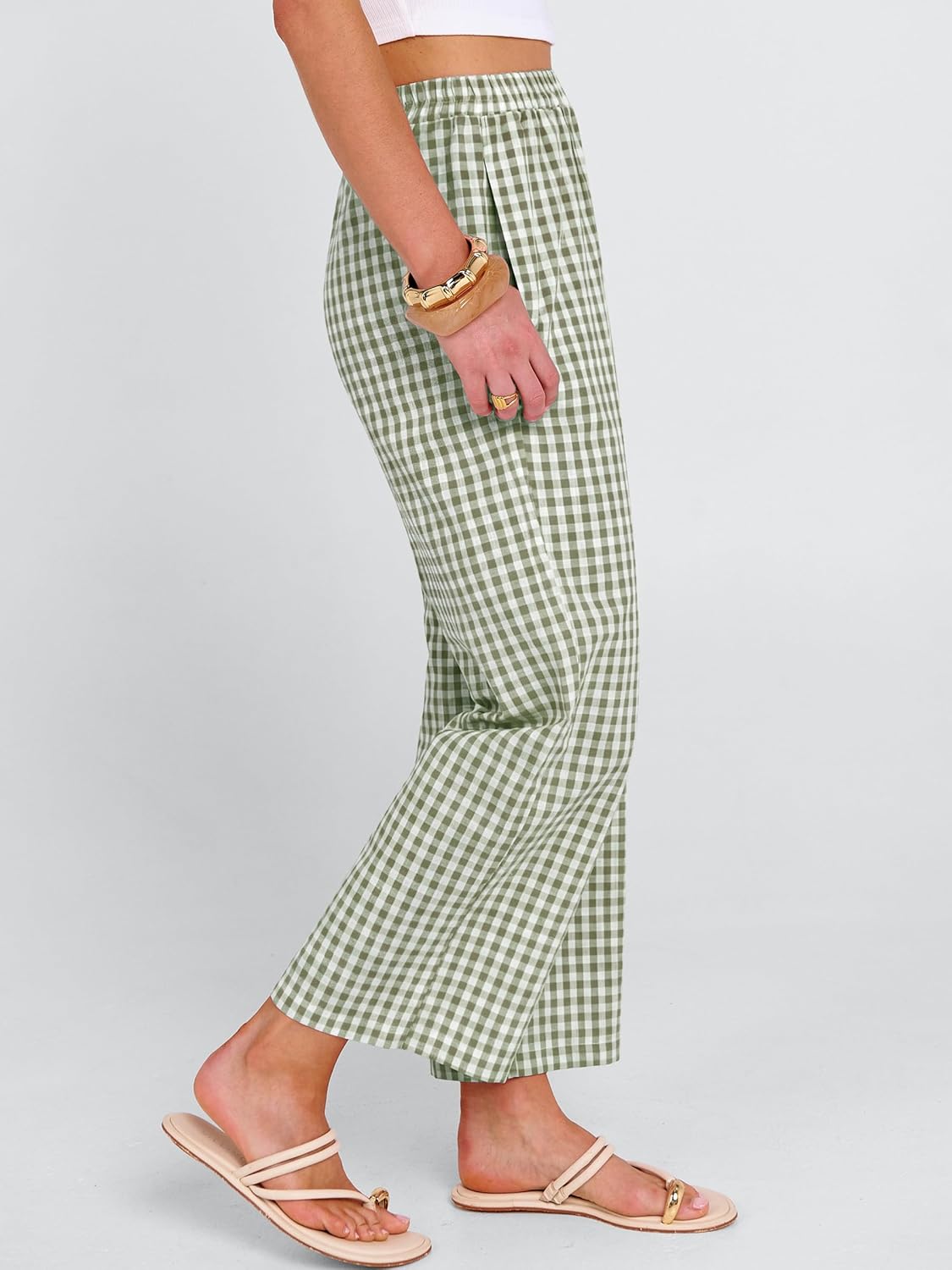 ANRABESS Women Striped Gingham Palazzo Cropped Pants Wide Leg Pajama Lounge Pants Plaid PJ Bottoms Cute Trousers with Pockets - Image 4