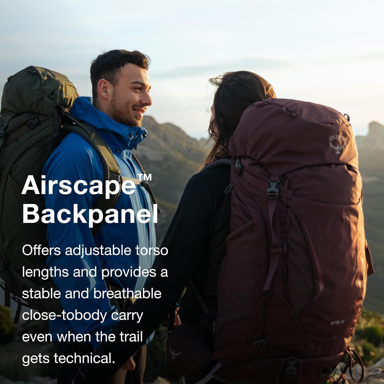 Close-up of the Osprey Kyte 48L AirScape backpanel and harness system.