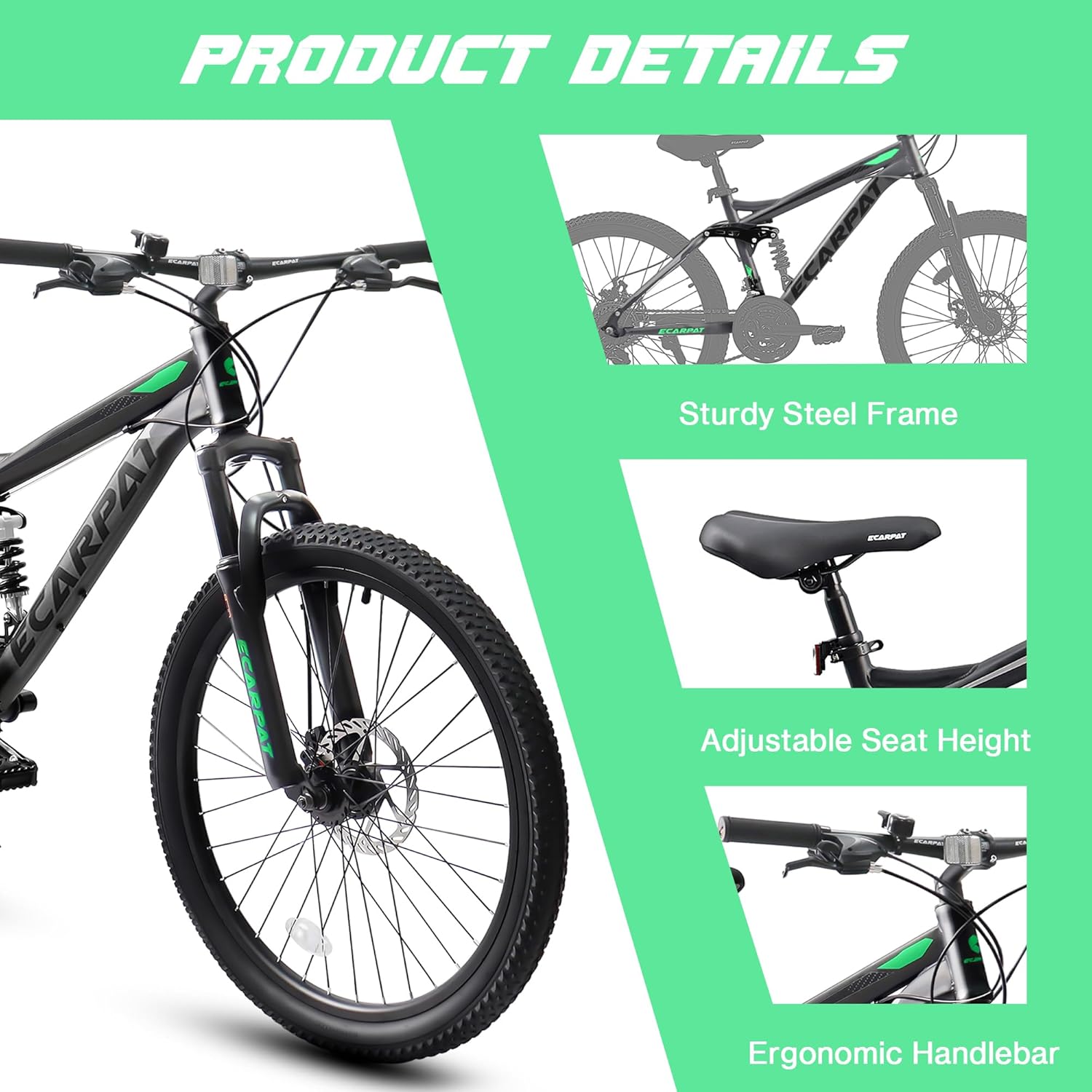 Ecarpat 24 Inch Mountain Bike Full Suspension, 21 Speed Mountain Bicycle with Steel Frame and Dual Disc Brakes, Outdoor Trail Commuter City Bike MTB Bike for Kids Teenagers