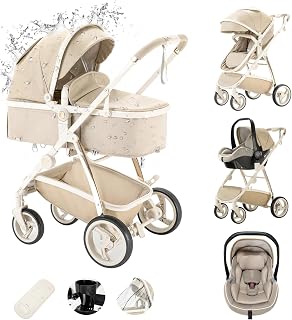 Zkiprm Pelle Passeggino 3 in 1, Sistema di Viaggio 3 in 1 Con Seggiolino Auto, Con Rivestimento Pioggia, Telaio Alluminio, Carrozzina da città pieghevole con una sola mano per bambini 0-4 anni, Cachi