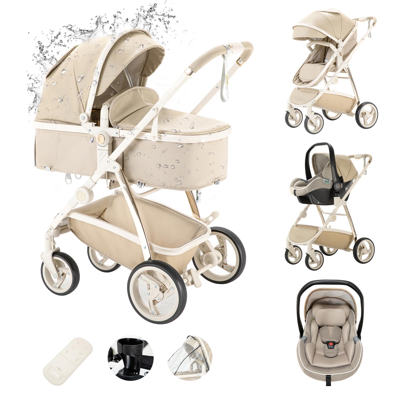 Pelle Passeggino 3 in 1 Sistema di Viaggio con Seggiolino Auto Telaio Alluminio Carrozzina Città Pieghevole per Bambini 0-4 Anni Cachi