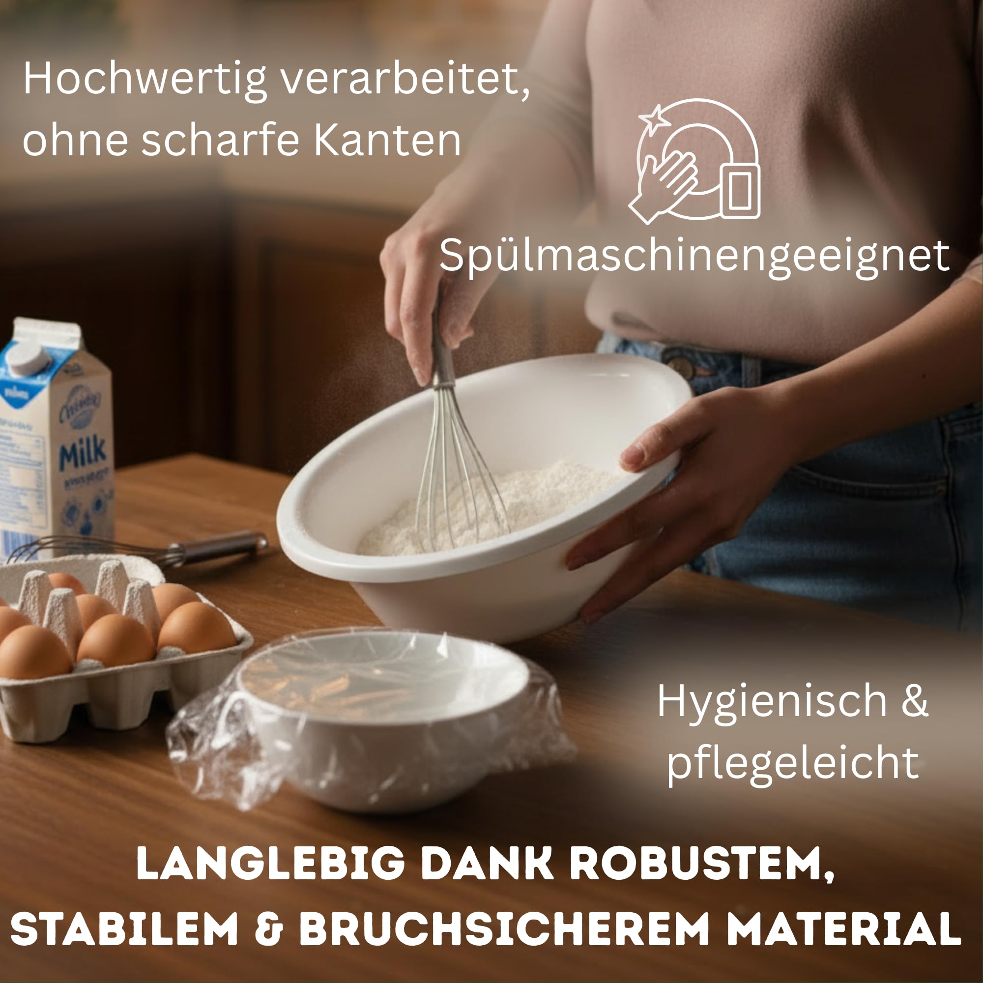 Novaliv Lot de 10 bols à vaisselle ronds 7,5 l, diamètre 36 cm, blanc, sans BPA et passent au lave-vaisselle ? Idéal pour la cuisine et le camping, bol rond, grand bol en plastique, bol à pâte