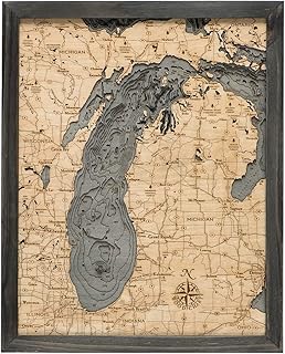Lake Michigan 3-D Nautical Wood Chart, Grey Frame, 16" x 20"