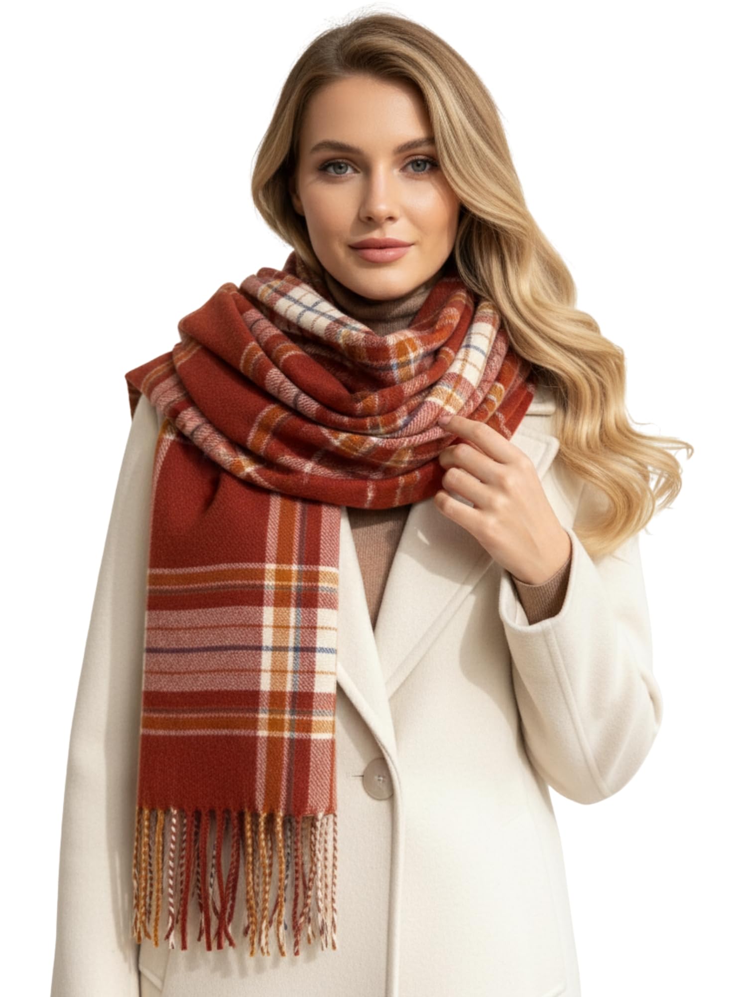 The Accessory Co. Women's Rust & Cream Tartan Scarf For Checked Shawl Wrap, Long & Large Warm Cashmere Winter Scarves, Plaid Blanket Scarf - Gift For Gifts (Rust & Cream)