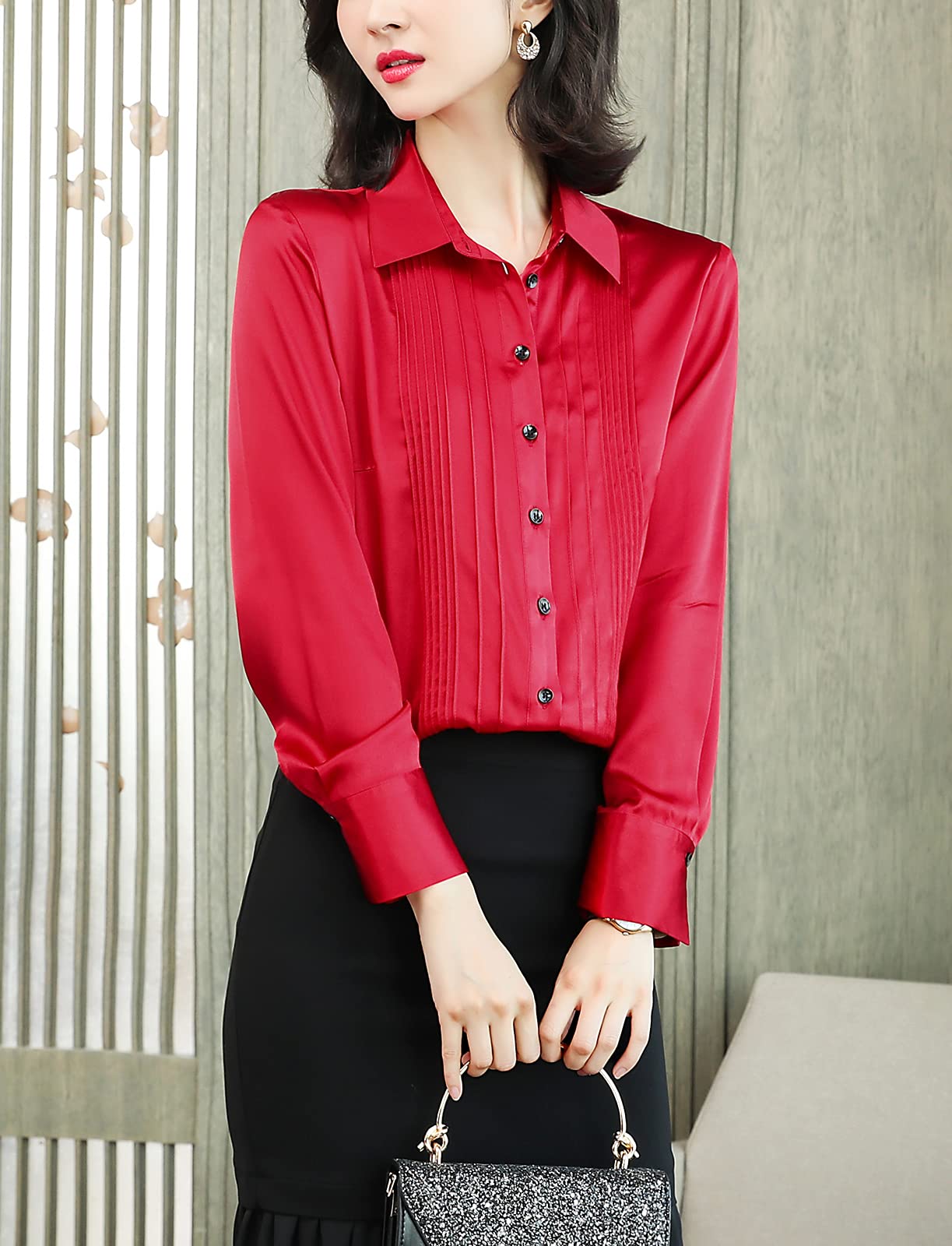 DISSA S6619 - Blusa de seda para mujer, con botones sólidos, manga larga, con solapas, de seda, rojo, 40