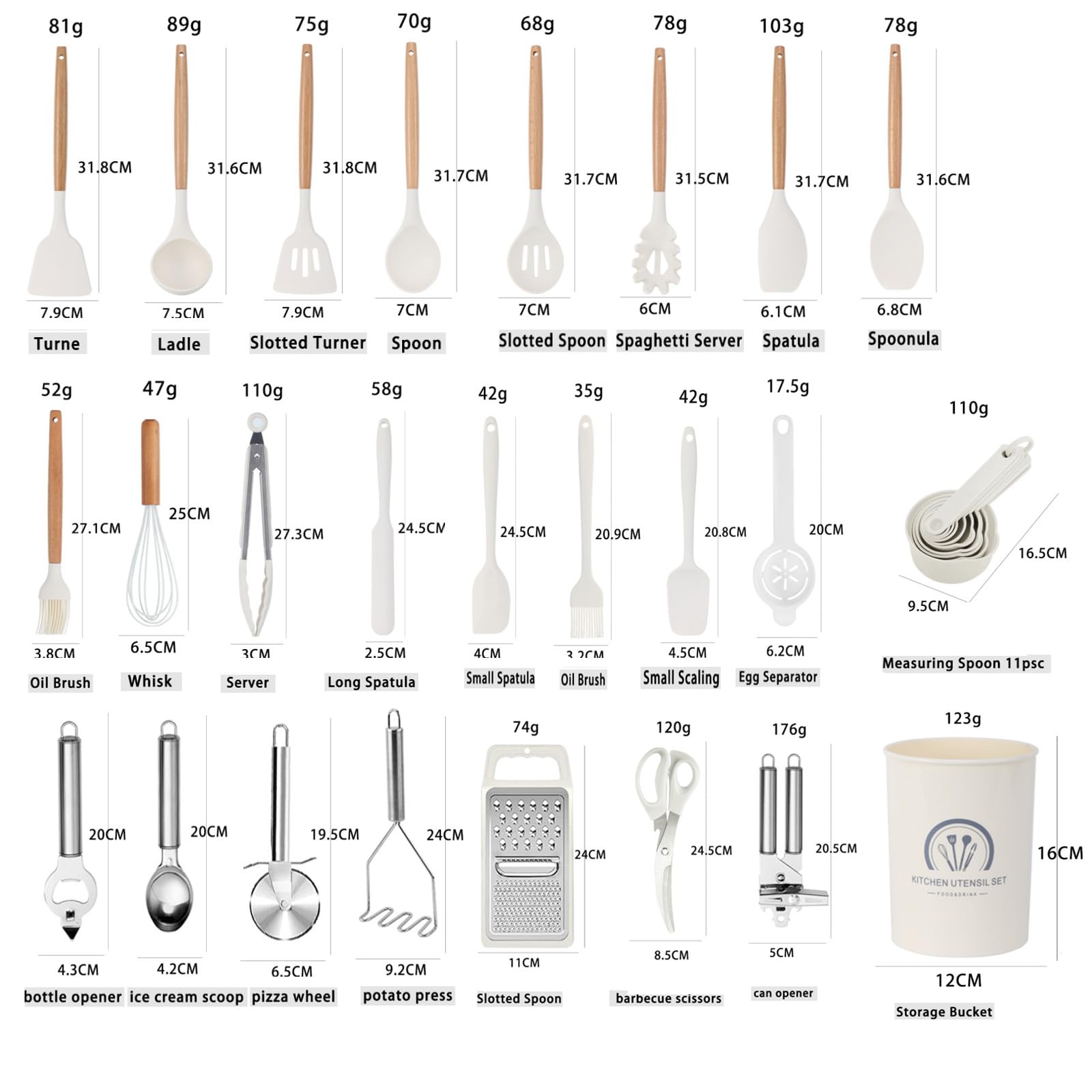 34 Stück Silikon Kochutensilien Kochbesteck Set,Küchenhelfer Set,Hitzebeständiger Kochgeschirr mit Utensilienhalter, Antihaft Kochset Küchenutensilien mit Holzgriff,Tongs,Whisk,Spatula (Beige)