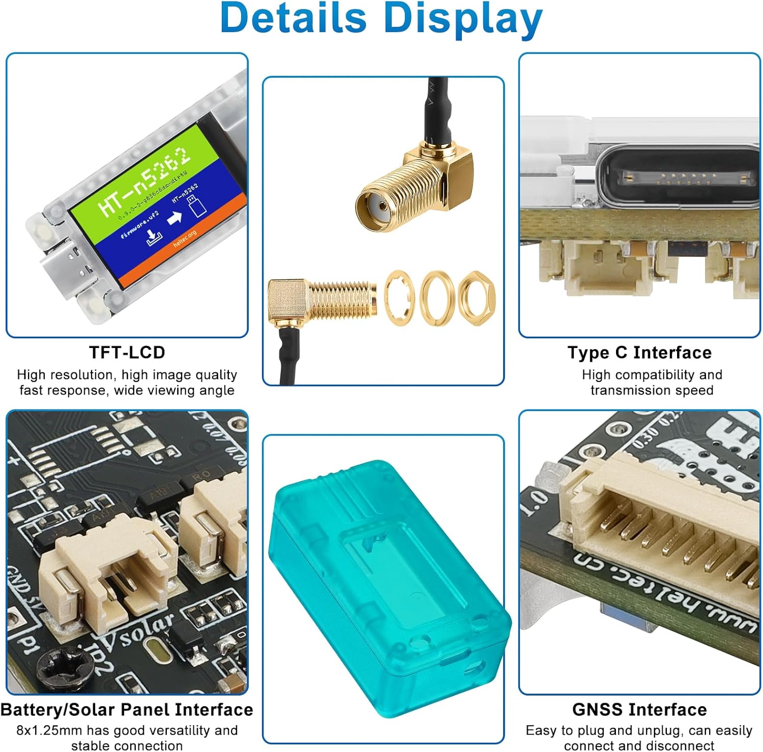 Details Display of the Mesh Node T114, showing the TFT-LCD, Type C Interface, Battery/Solar Panel Interface, and GNSS Interface with descriptions.