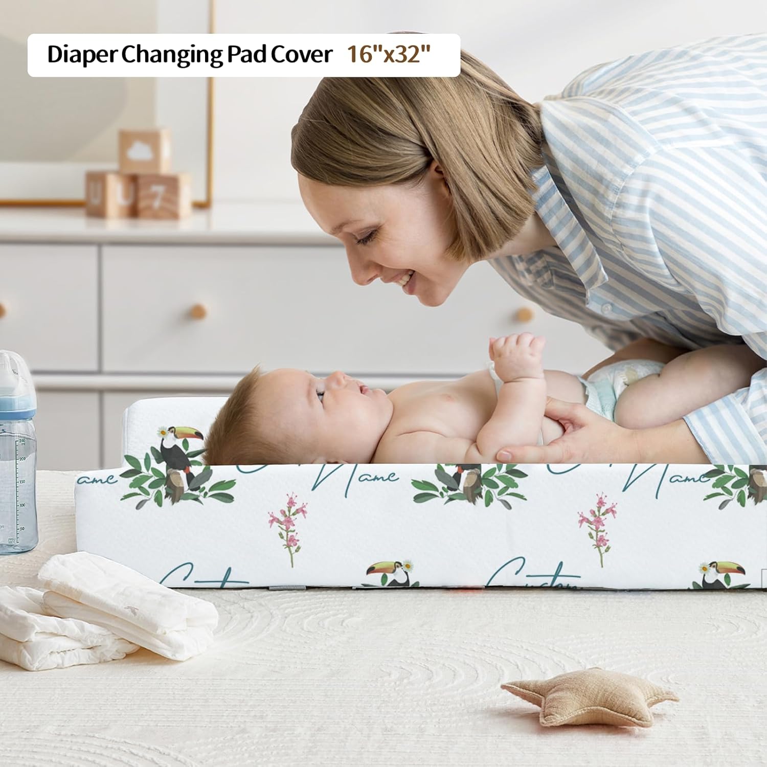 Personalized Baby Crib Bedding Set, Custom Name Nursery Bedding, Toucan 5 Pcs Baby Bedding Set for Girl Boy, Double Layer Crib Set, Customized Gifts