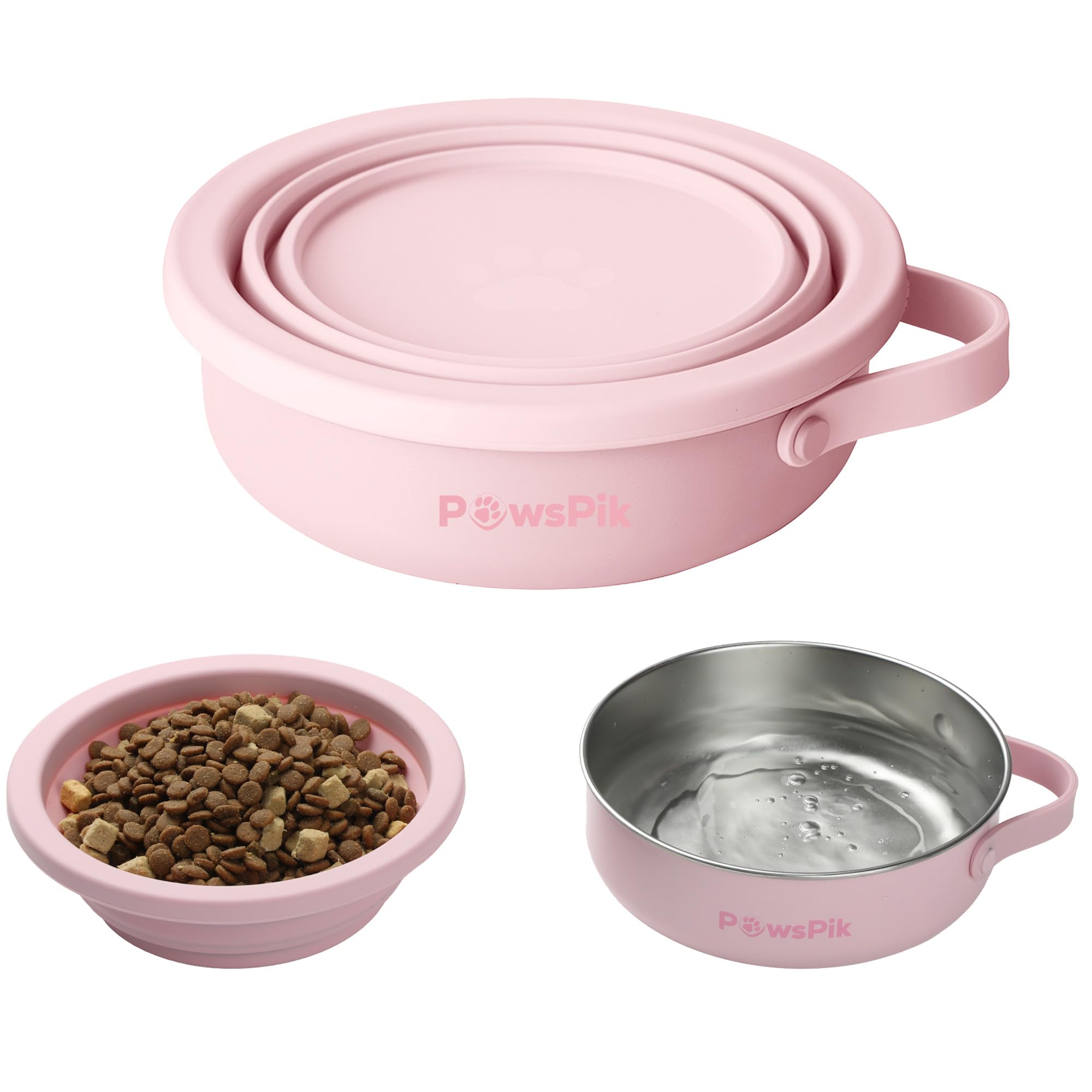PawsPik 2-in-1 Travel Dog & Cat Bowl – Collapsible BPA-Free Silicone & 18/8 Stainless Steel, Portable & Non-Slip with Handle, Easy to Clean, Food & Water Bowl for On-The-Go Pets (Cherry Blossom Pink)