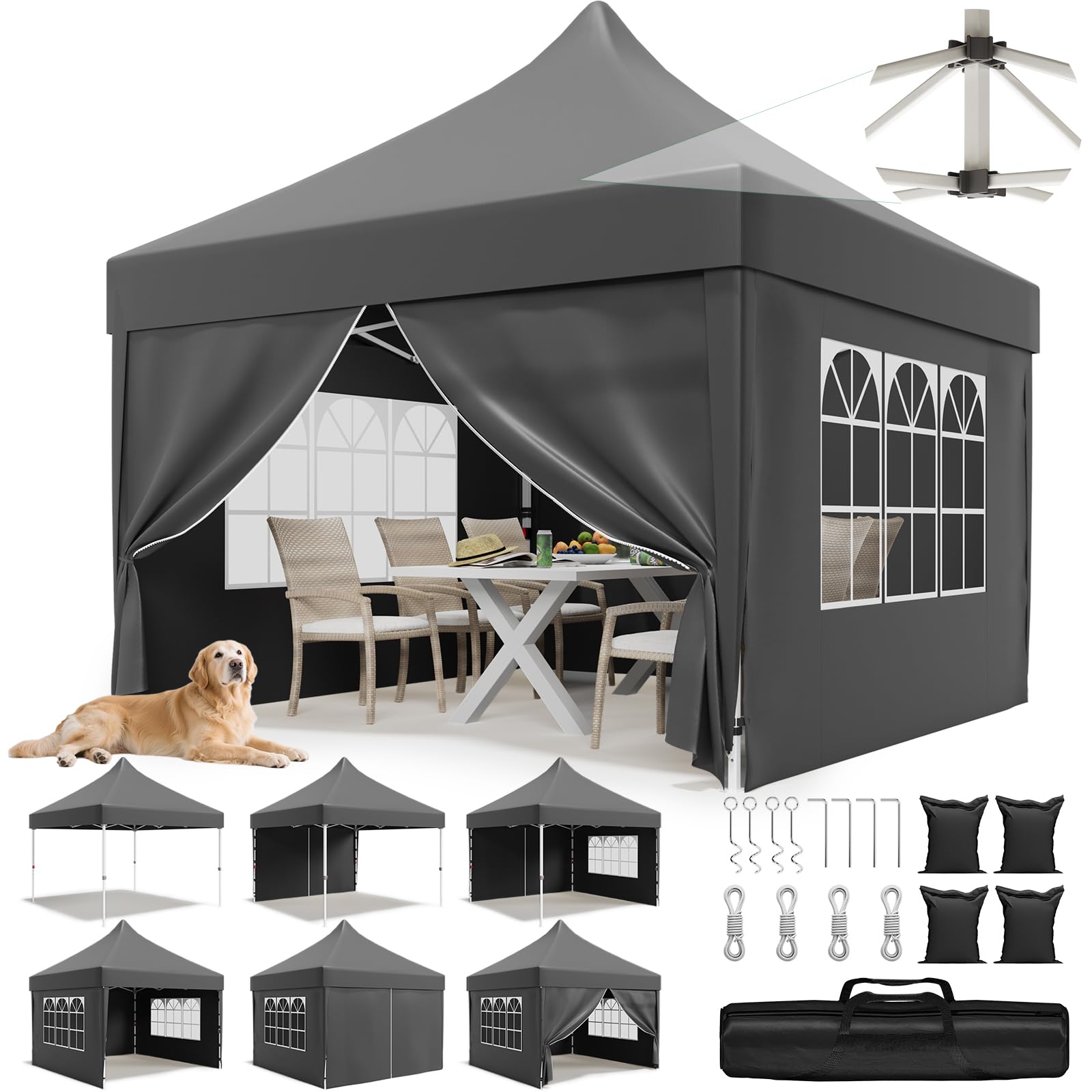JUMMICO Gazebo 3x3 Pieghevole Impermeabile, 10cm di Altezza Interna Supplementare, Tessuto Robusto e Durevole, con Pareti Laterali, Ideale per Cortile, Balcone, Campeggio e Altro, Grigio