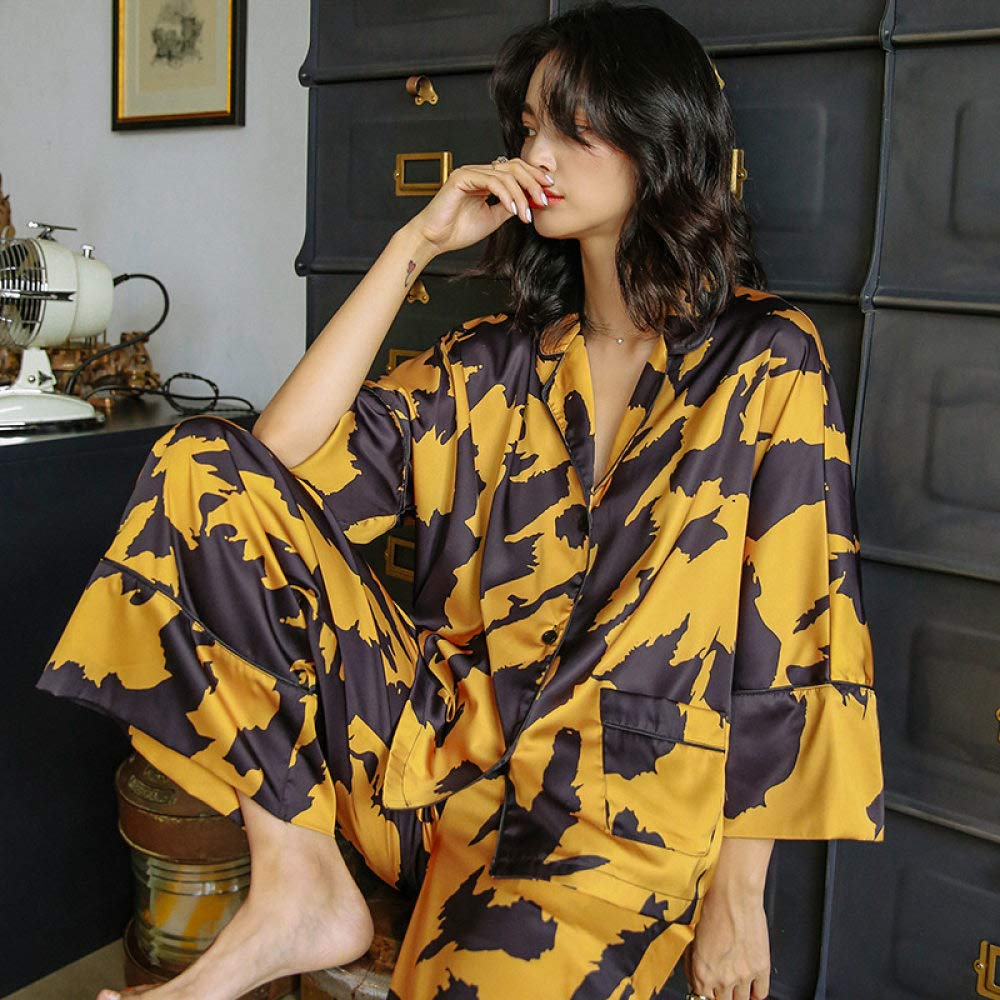 Pijamas De Mujer,Conjunto De Pijama De Satén De Seda Para Mujer,Ropa De Dormir De Primavera Y Verano,Estampado Abstracto,Manga 3/4,Dorado,Negro,Se Puede Usar Al Aire Libre,Ropa De Dormir,Ropa De Dor