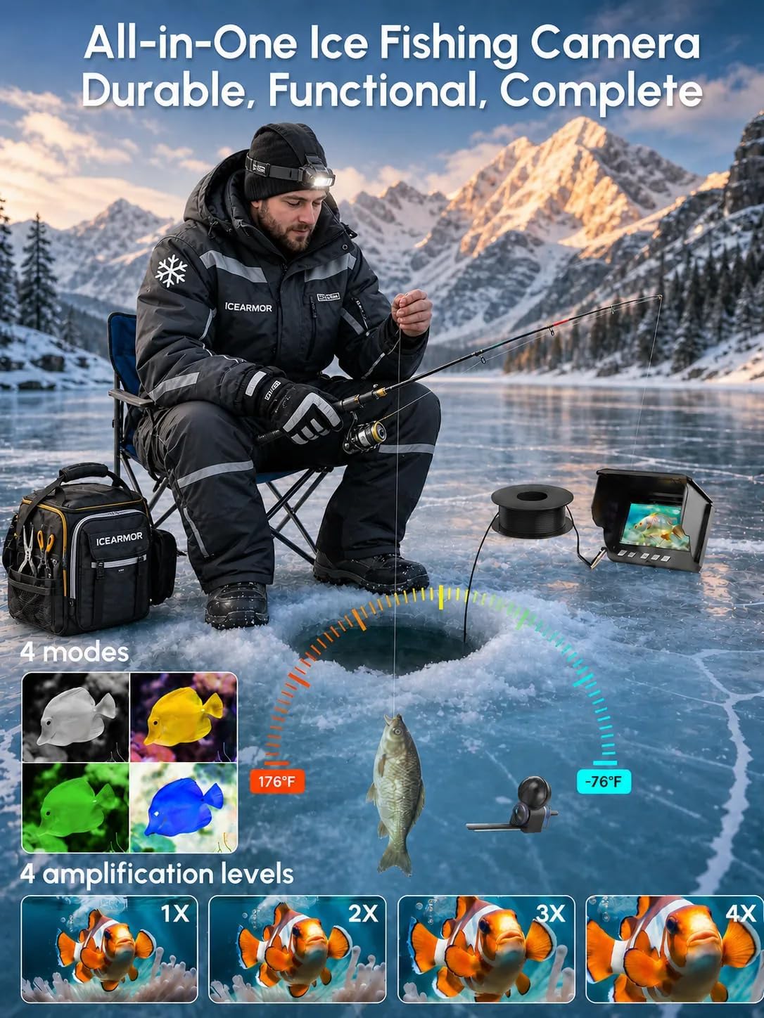 Underwater Fishing Camera, 4.3in LCD, IP68, 12 IR LEDs, 200° Wide Angle
