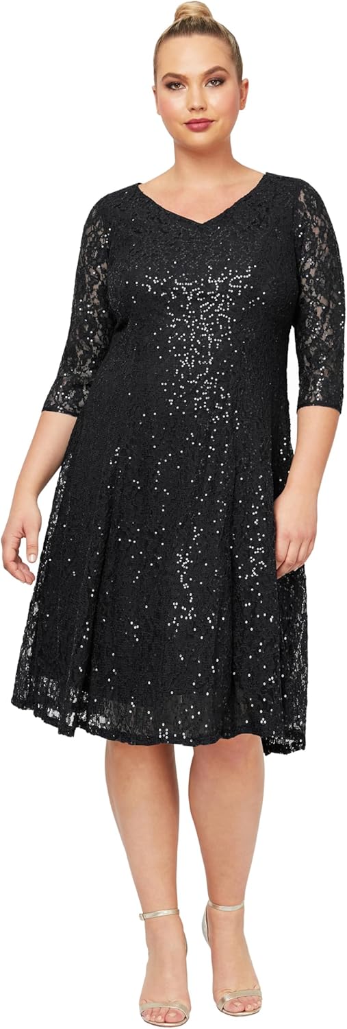 S.L. Fashions Women's Plus Size Sequin Lace Fit and Flare Dress